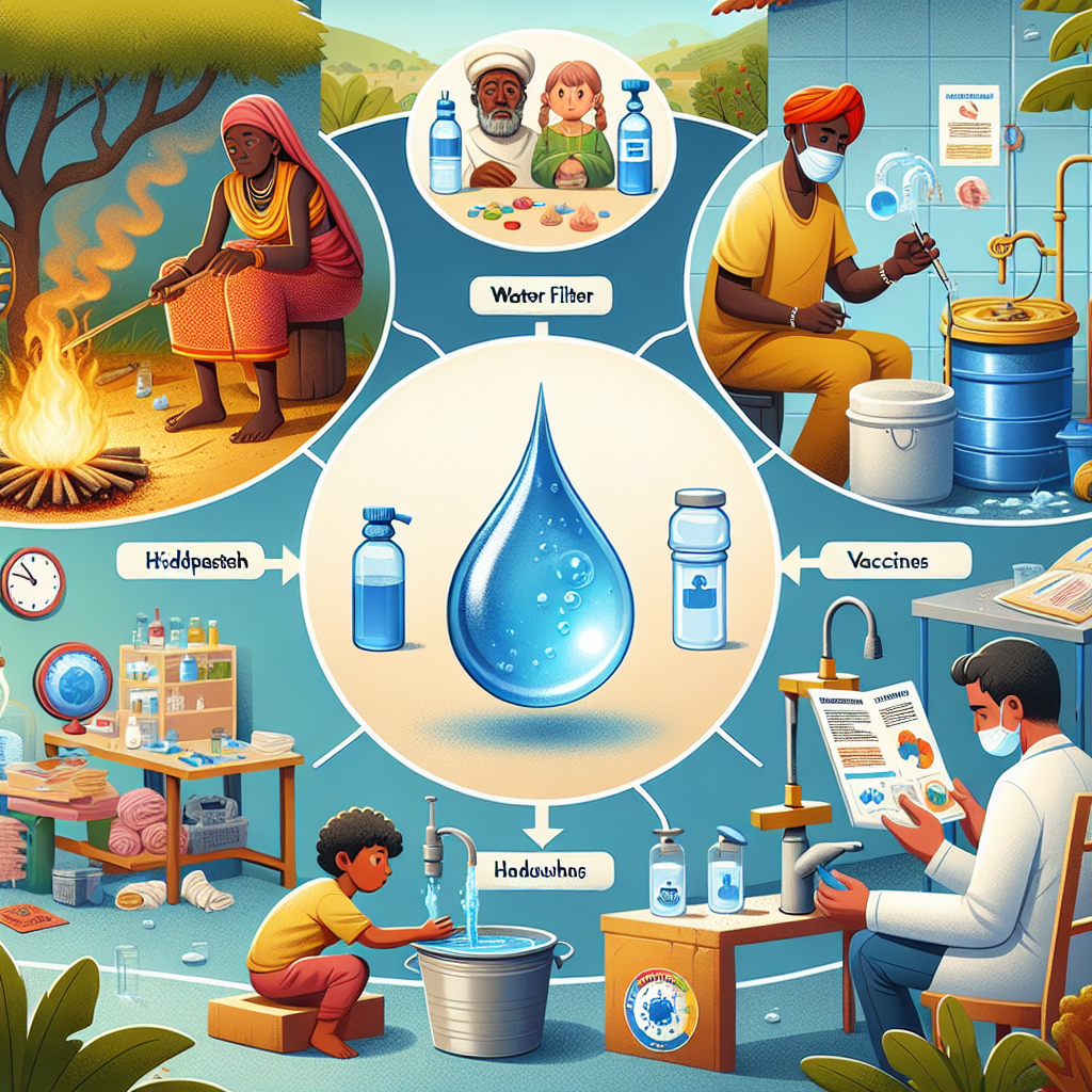 A detailed illustration showcasing various prevention strategies against waterborne illnesses. The scene includes an African woman boiling water over a fire, a Middle-Eastern man installing a water filter in his home, a Hispanic child reading a pamphlet about the importance of handwashing, and a Caucasian nurse administering vaccines in a medical clinic. Distribute the elements in a vibrant environment with clear, informative labels next to each activity, placed around a large, clean water droplet in the center, signifying the role of clean water in disease prevention.