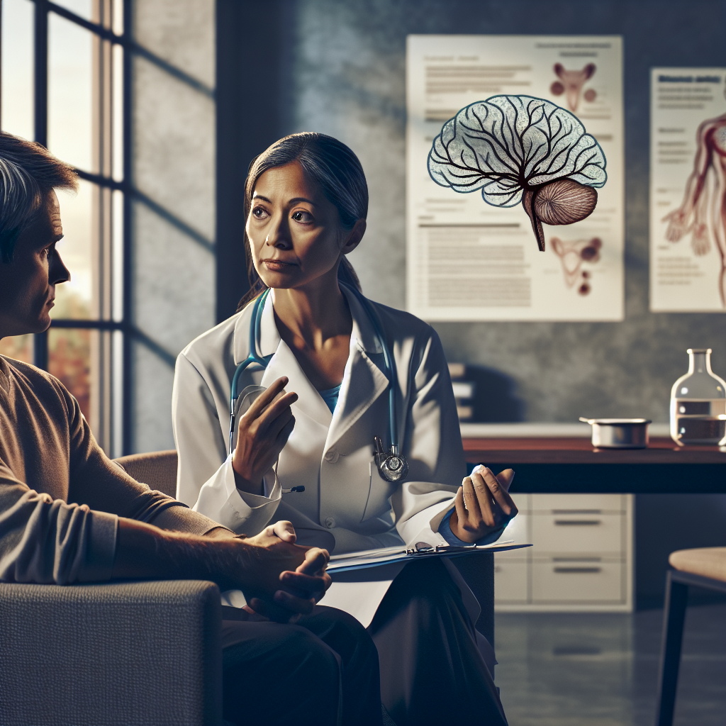 Visualize a thoughtful scene that encapsulates the emotional journey involved in an ALS diagnosis. Depict a Caucasian female and a Black male, both in their mid-50s, sitting in a calming doctor's office. The doctor, a middle-aged South Asian female, is gently explaining the diagnosis, underlining the seriousness with her careful gestures and facial expression. The patients are showing a range of emotions - shock, fear, uncertainty, but also resolve and strength. In the room, there are elements symbolizing ALS, like a medical chart with neurons, and multiple sclerosis iconography. The theme should overlay strength and resilience, in an otherwise heartrending situation.