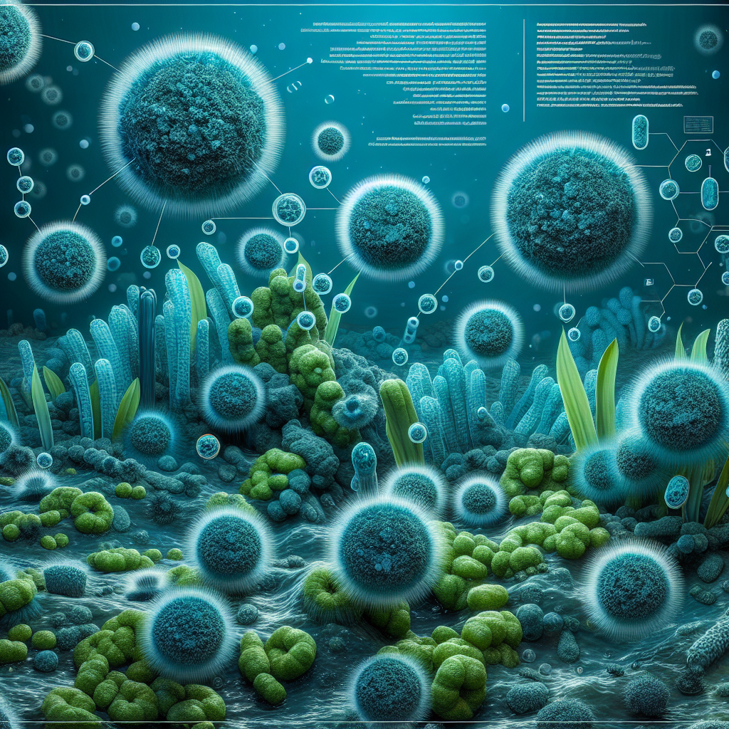 A realistic illustration showing the detailed structures of cyanobacteria floating in water. There are blue-green algae cells seen from a microscopic view, depicting the fascinating yet potentially harmful microorganisms. They are clustered in colonies and exhibit a vivid spectrum of turquoise and deep blues, true to their nature as blue-green algae. Some facts related to cyanobacteria and their health risks are subtly incorporated in the background in a readable and aesthetically pleasing manner. This visual is designed to raise a sense of urgency and educate the viewer about the serious implications of these harmful organisms.