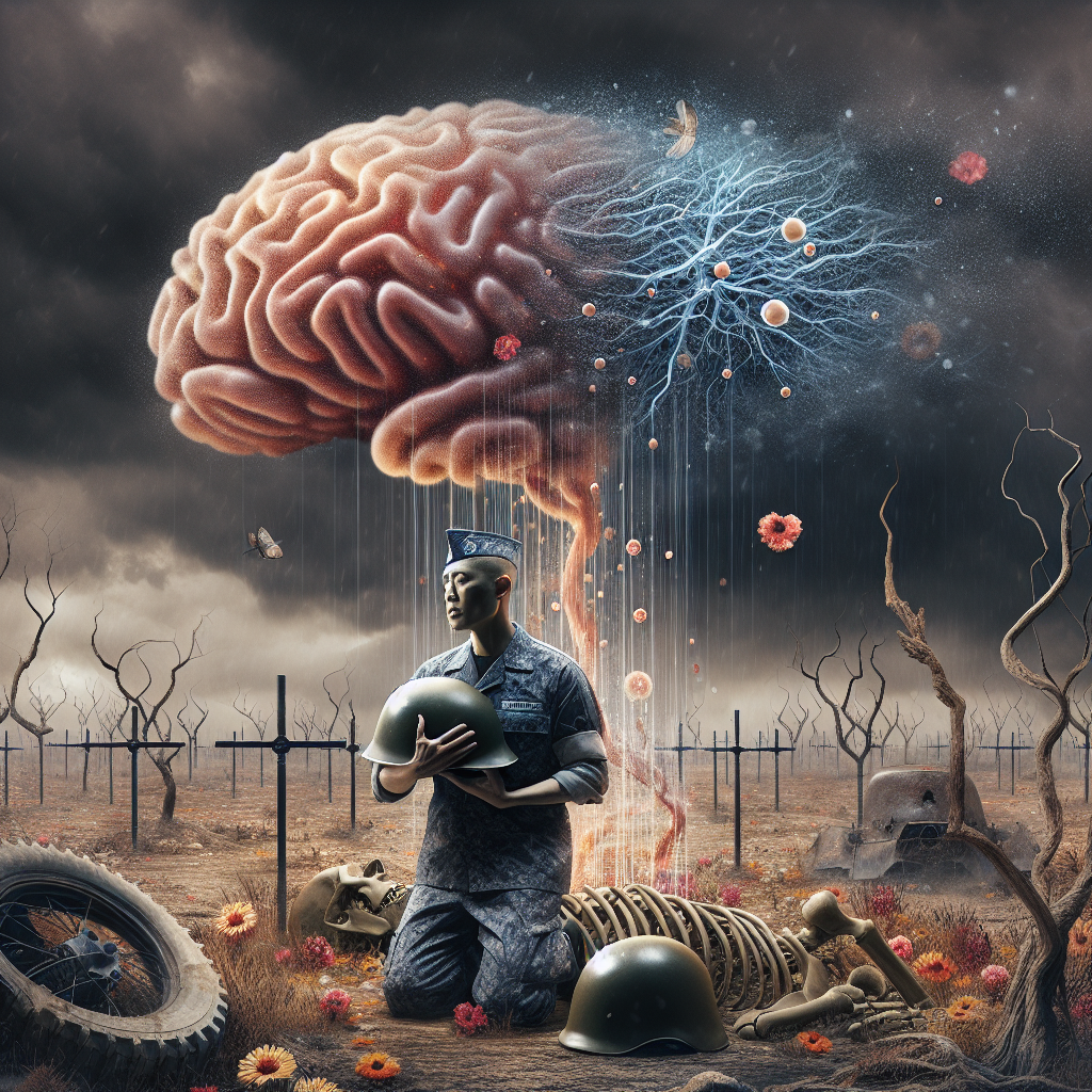 A thought-provoking symbolic image capturing the essence of an article on the urgent topic of safeguarding veterans from ALS (Amyotrophic lateral sclerosis) against environmental contaminants. Portray a South Asian male veteran cradling a helmet in his arms, standing in a desolate battlefield littered with wilted flowers and skeletal trees. Overhead, there's a gloomy monstrous cloud in the shape of a neuron cell (symbolizing ALS), silently raining down micro particles (contaminants). A protective barrier, perhaps a semi-transparent dome, shields the veteran, symbolizing the safeguard measures. The overall color palette should be somber, emphasizing the seriousness of the topic.