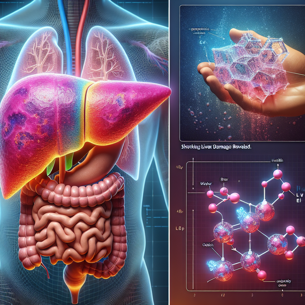 Generate a photorealistic image for an article. The image features a vibrant diagram, portraying a human liver in a 3D cross-section. The liver has a healthy section colored in healthy rosy pink, but a significant portion shows liver damage, colored in darker hues. Superimposed over the liver cross-section is a pair of contrasting images: one depicting a pristine, clean water molecule structure, and the other showing an anomalously structured water molecule, as found in the Nevada region. The image also includes text alluding to the topic, 'Shocking Liver Damage Science Revealed'. Please, no company or brand logos.