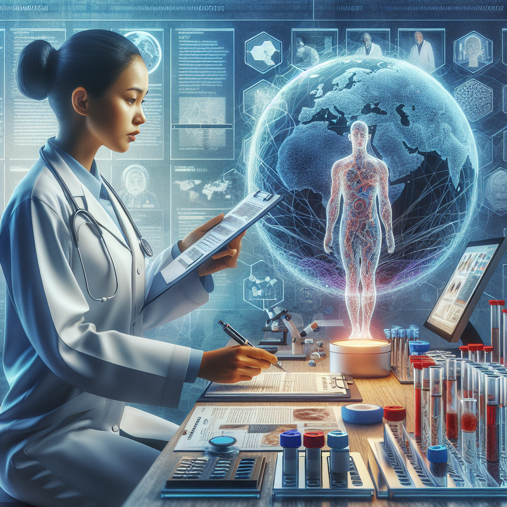 Create a highly detailed and photorealistic image representing the context of an article discussing disparities in ALS diagnoses and tests. The image should feature a medical professional, possibly with ethnicity of South Asian descent, in lab attire, reviewing medical documents pertaining to ALS tests. Adjacent to her, visualize an array of different diagnostics tools used in ALS detection. Should also include a global map in the background to signify the worldwide scope of ALS disparities.