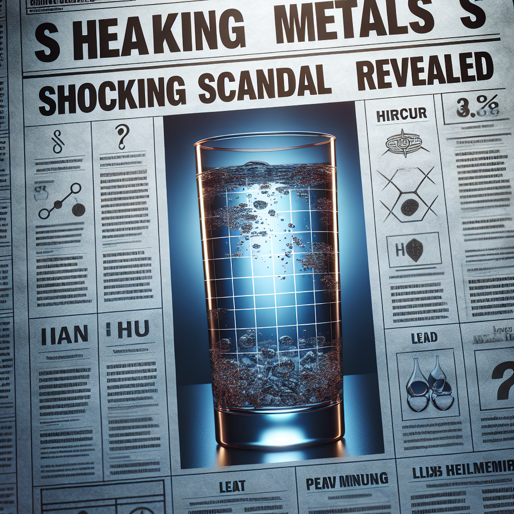 Create a high-quality, photorealistic image that invokes the theme of heavy metals in water. The image should be alarming and powerful, perhaps showing a glass of clear water with a grid overlay showing symbols for different heavy metals such as lead and mercury. Underneath the glass, there should be headlines typed in a newspaper style that read 'Shocking Scandal Revealed'. It should be colorized in a dark, serious tone to emphasize the severity of the situation.