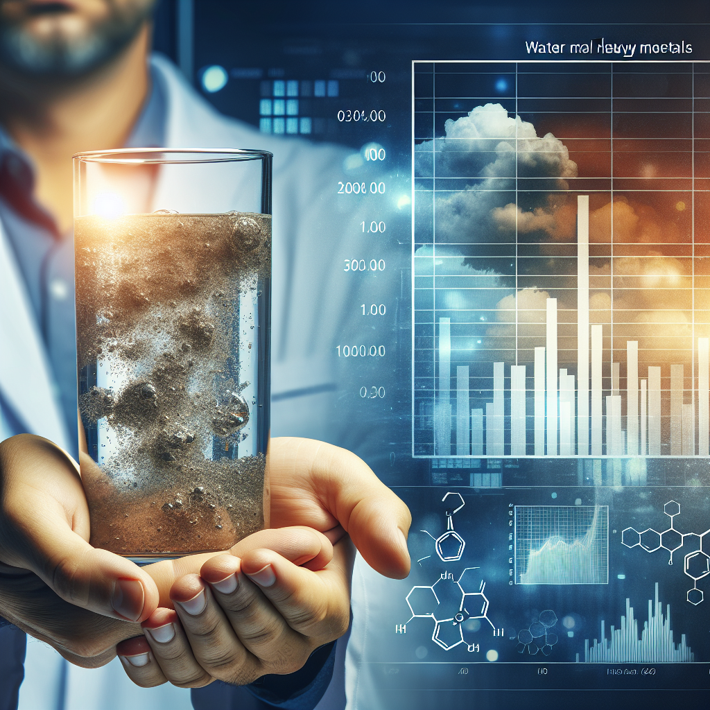 Show an image representative of water contamination by heavy metals. This could be a pair of hands holding a glass of murky water with visible impurities, signifying the presence of pollutants. To the side, a scientific chart or graph representing data concerning high levels of various heavy metals in water could appear. It should really drive home the severity and urgency of the issue.