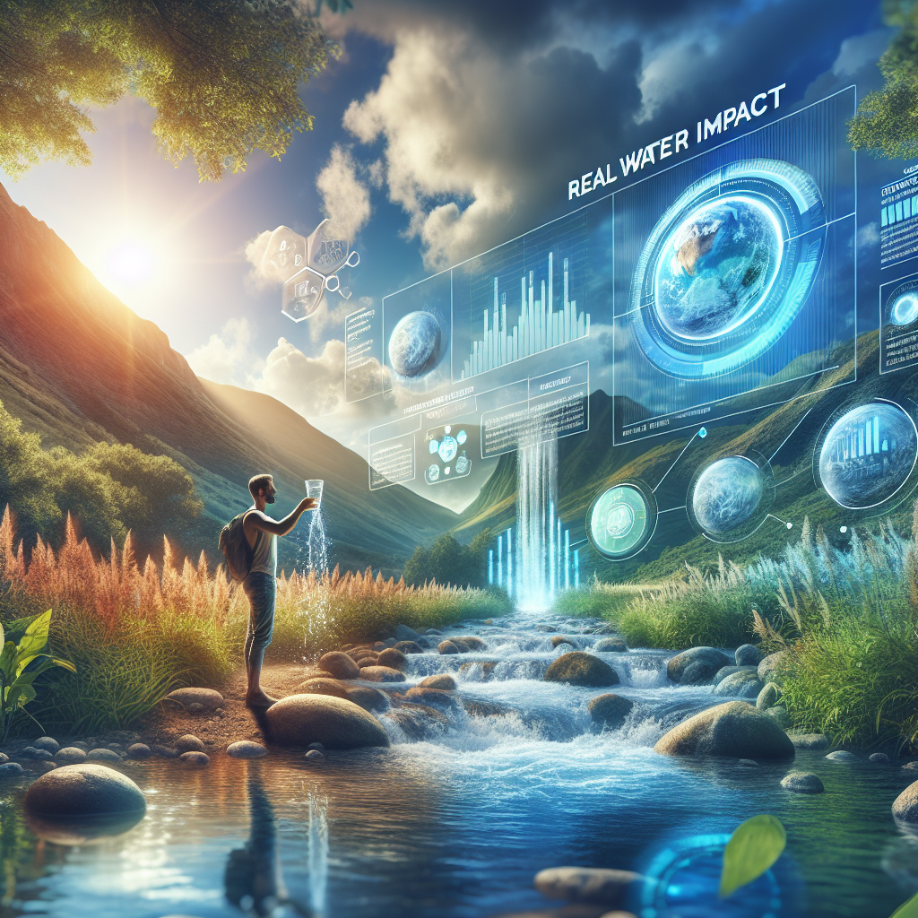 Generate a high-quality, photorealistic image featuring a serene scene combining various elements depicting the real water impact. The image shows a pure mountain stream flowing down vividly against a breathtaking scenic background of lush greenery. In the foreground, a person of Hispanic descent is seen testing the water quality while holding clear glass. Beside them, an infographic floating in the air explains essential and beneficial insights about water impact using easily interpretable graphs and charts. In the sky, stylized text reads: 'Real Water Impact: Essential and Beneficial Insights'. The entire depiction aims to convey the essence and importance of understanding the real impact of water on our environment and life.