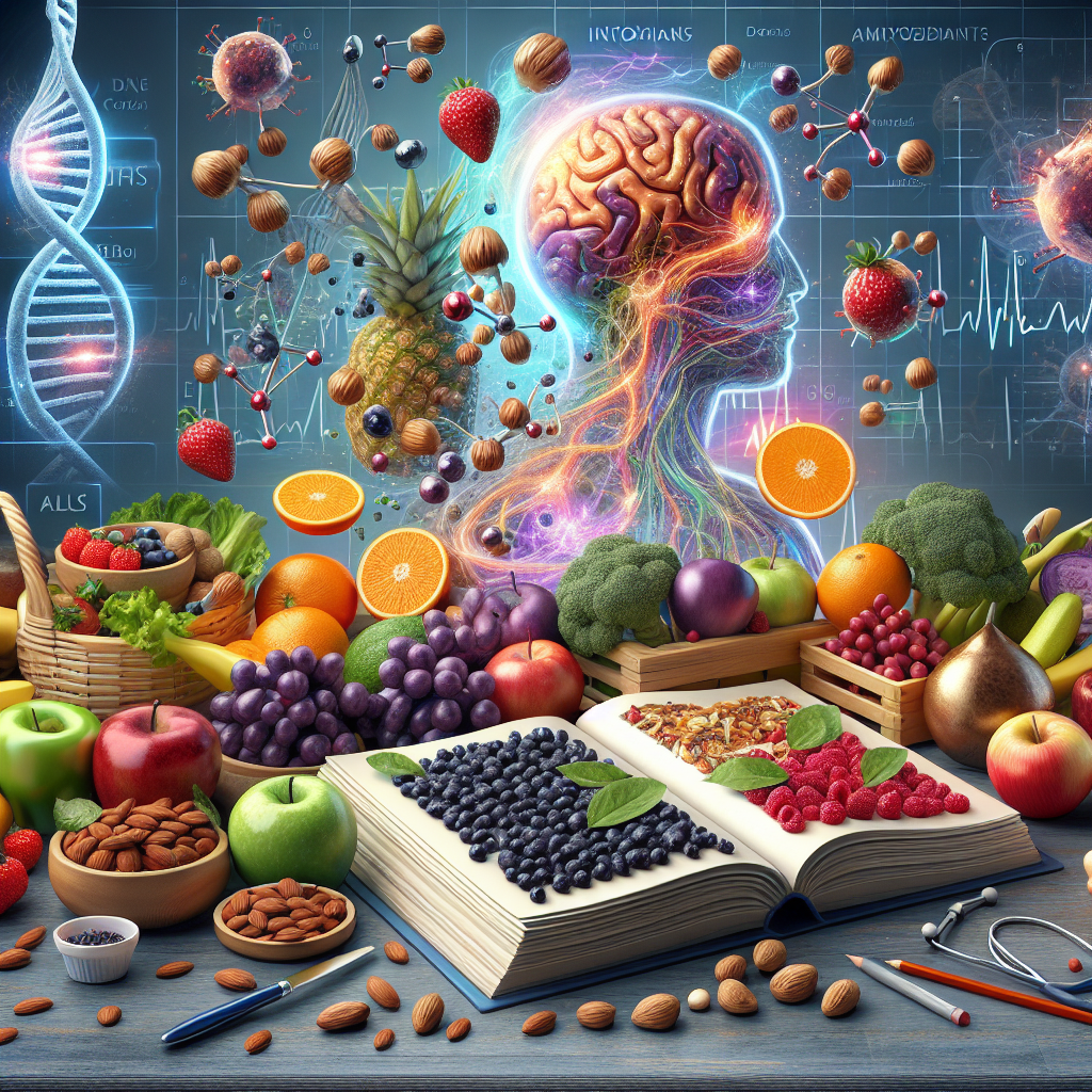 Create a visually captivating, high-quality, photorealistic image that depicts the concept of antioxidants as a prevention for ALS (Amyotrophic lateral sclerosis). The image should include vibrant, healthy foods like fruits, nuts, and vegetables, representing rich sources of antioxidants. Further, incorporate medical and scientific elements symbolic of ALS, for instance, neurons or a DNA helix. The context should feel clear, informative and encourage healthy lifestyle practices for illness prevention. Also, include a large, educational book titled 'ALS Antioxidants: Effortless Illness Prevention Guide' in the foreground.