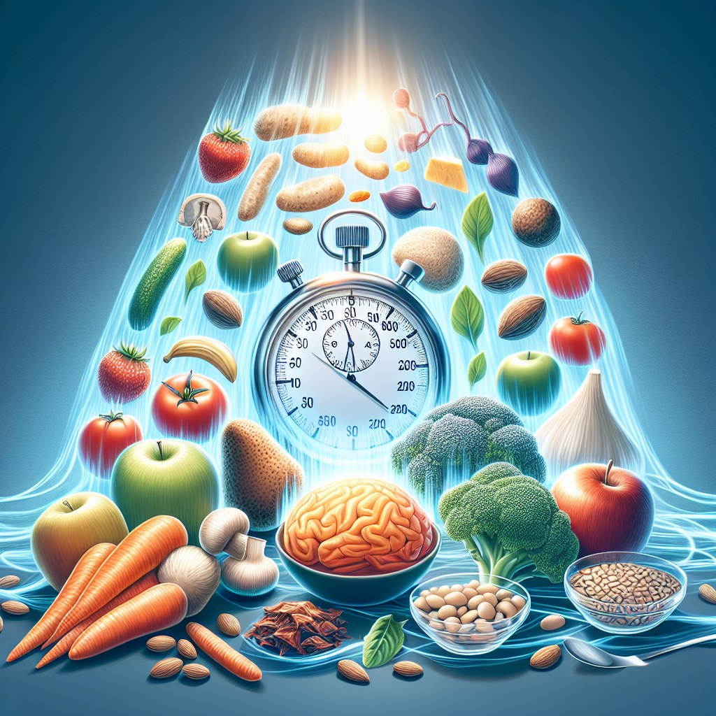 Illustrate a conceptual image for an article about a breakthrough in the ALS diet. The image should display a health-conscious range of food items known to be beneficial in managing ALS. Make it look like these foods are radiating light, illustrating the idea of 'slowing the progression'. Add a translucent stopwatch in the background symbolising the slowing of time. The mood should be hopeful, symbolising the promise of the stunning breakthrough. Please avoid including any direct references to individuals or copyrighted items.