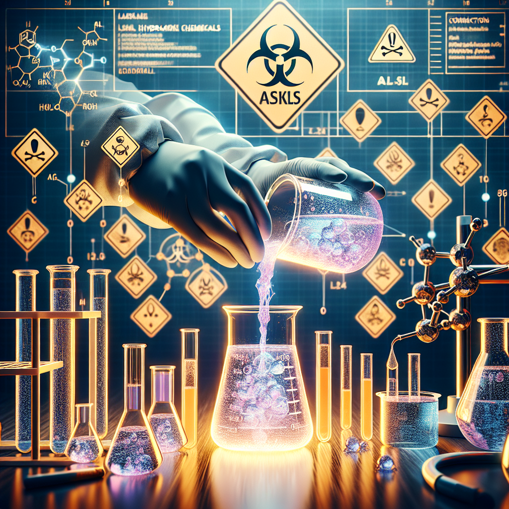 Generate a high-quality, photorealistic image capturing the theme of 'Hydrazine Chemicals: Crucial ALS Risks Exposed'. The image should showcase a pair of latex-gloved hands pouring a bright, liquid substance from a glass beaker into a test tube surrounded by scientific equipment embellished with hazard symbols. The background contains diagrams and charts focusing on the connections between Hydrazine chemicals and ALS. The image should convey a sense of caution and intrigue to underline the risks associated.