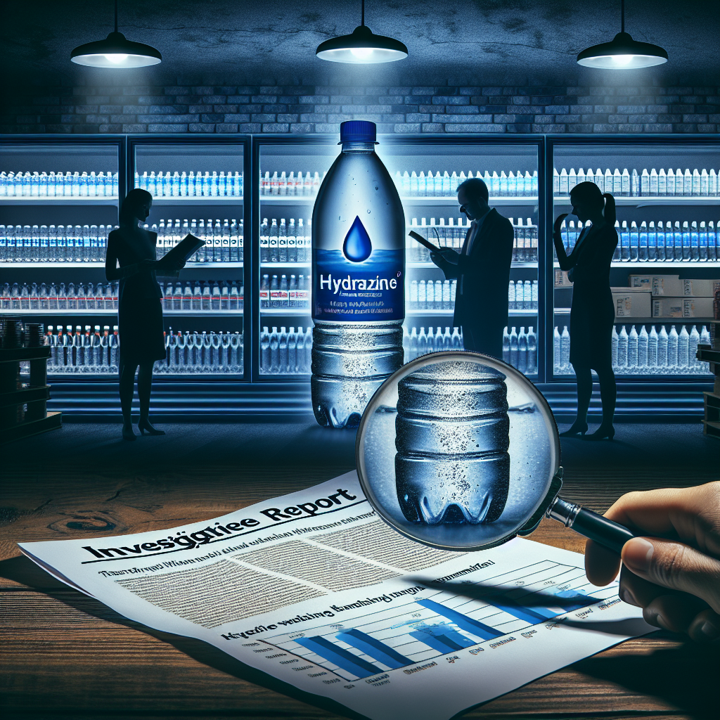 Create a compelling image representing an article on bottled water scandals related to hydrazine contamination. Center stage should capture a disillusioned customer observing a water bottle with a magnifying glass. The brand label on the bottle should subtly indicate the presence of Hydrazine. In the background, include storefronts with filled shelves representing a nondescript water-brand and an investigative report laying open with graphs and charts relating to water purity tests. Incorporate a gloomy, suspenseful atmosphere throughout the scene that embodies the concern of the public about the purity of bottled water.
