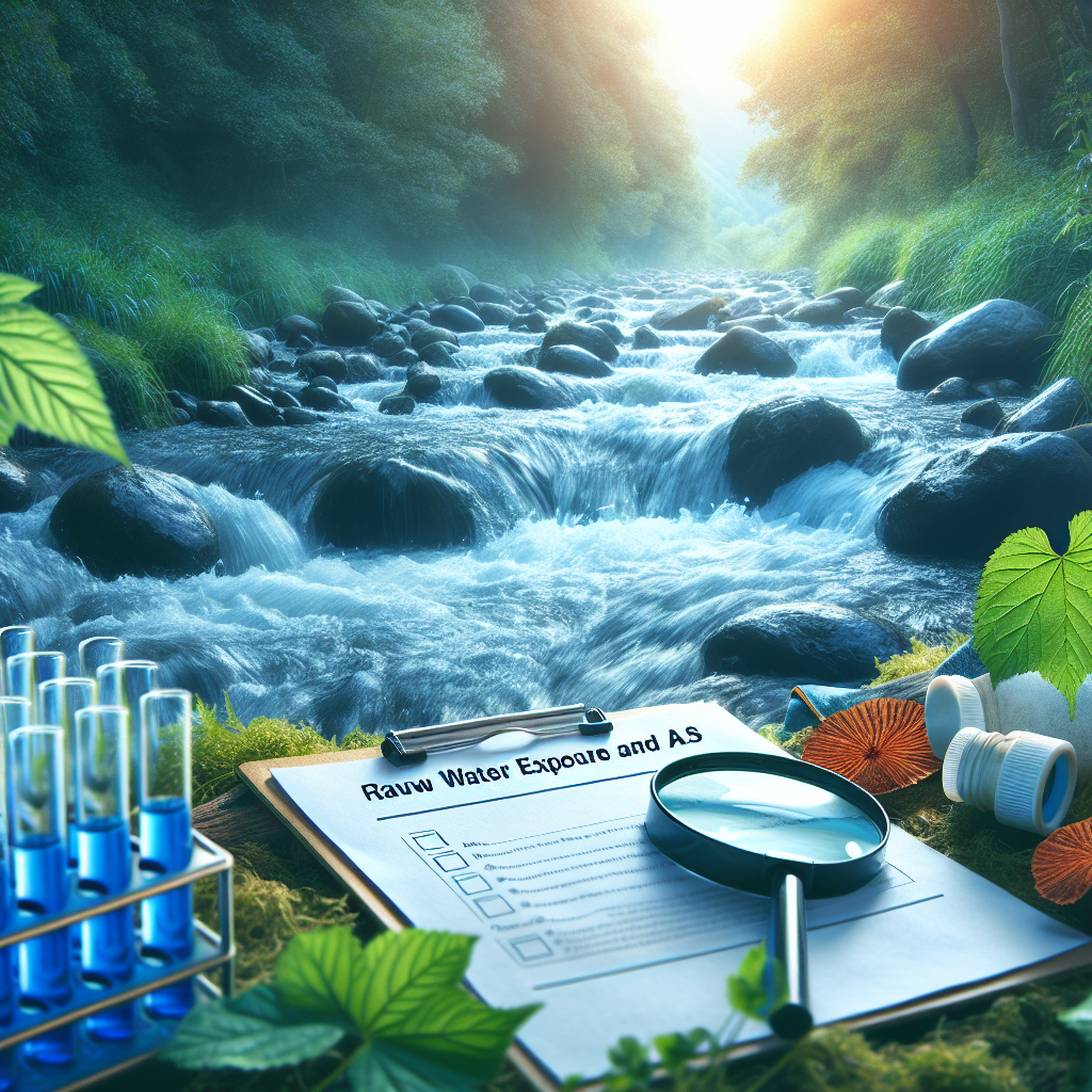 Create an image representing a research article on 'Raw Water Exposure and ALS'. The image should include an outdoor setting with natural flowing stream of raw water. There should be a visible scientific exploration vibe. Include elements like a clipboard with research notes, a water testing kit, and a magnifying glass. The atmosphere should evoke a sense of intrigue and study.