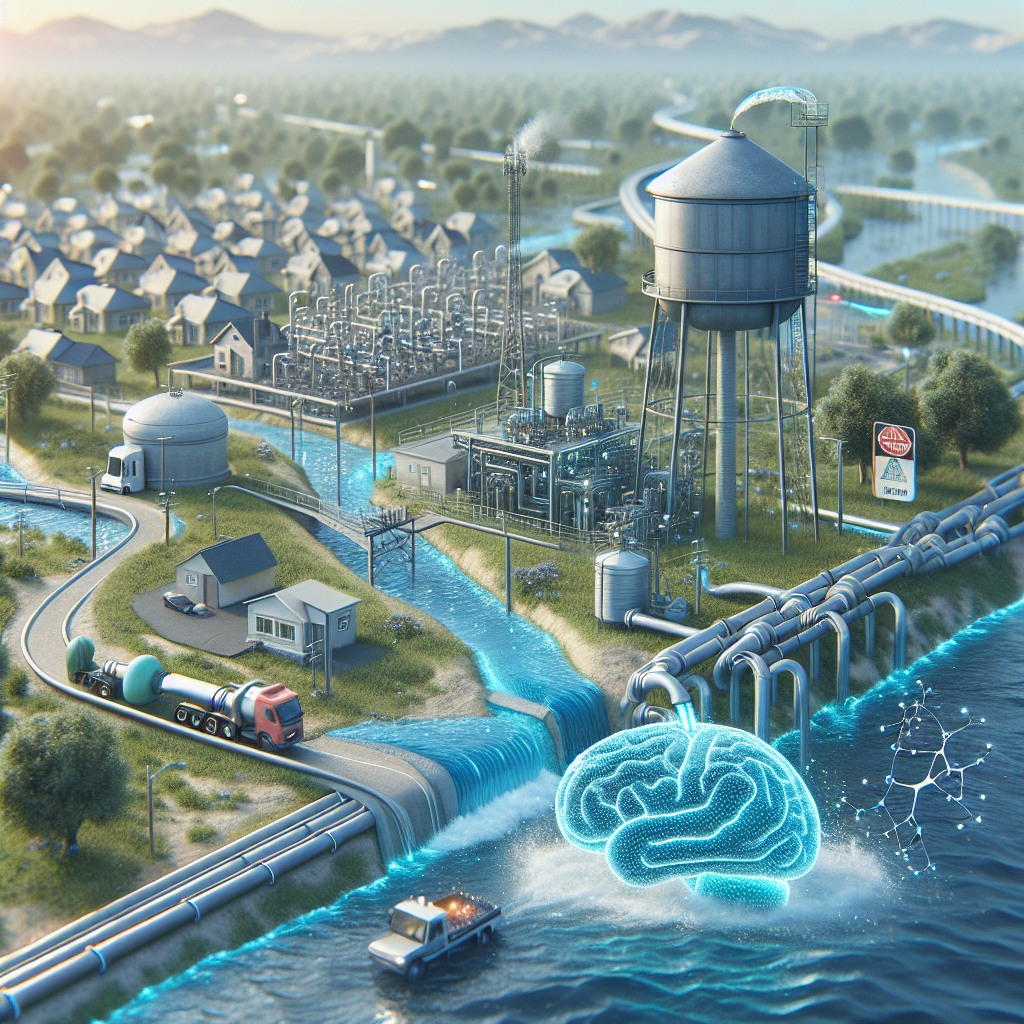 Create a highly detailed and photorealistic image illustrating the concept of community water systems. Picture a local water supply structure, possibly including a water tower, pipelines, and a treatment plant. Show the flow of water from the source to homes and businesses, emphasizing the potential hidden dangers by including elements such as warning signs, broken pipes, or murky water to signify risks. To symbolize ALS (Amyotrophic Lateral Sclerosis), subtly incorporate a neurological symbol, like neural networks or brain-shaped water droplets.