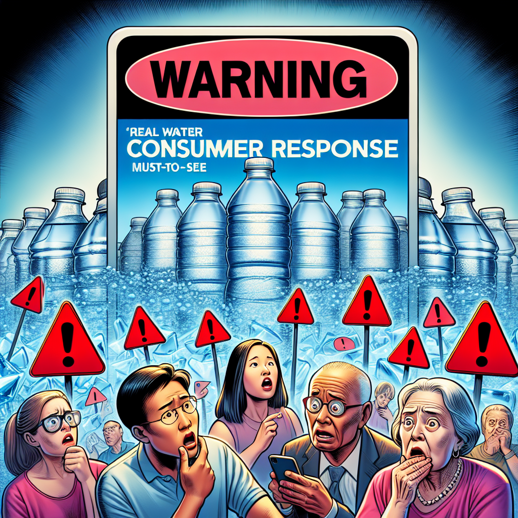 Illustration of a dramatic warning sign with the words 'Real Water Consumer Response' boldly featured. The sign is placed against a backdrop of crystal clear water bottles. Show several red flags and warning symbols around the sign to depict 'Must-See Warning Signs.' In the foreground, illustrate a varied demographic of people reacting to the sign - an Asian woman looking worried, a Black man looking surprised, a Hispanic elderly woman cautiously questioning it, and a Caucasian man determinedly reading the signs.