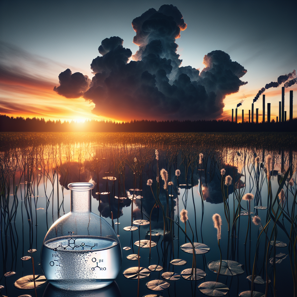 Create a high-quality, photorealistic image to complement an article. The picture should depict an expansively beautiful wetland landscape at sunset, with the darkened silhouettes of aquatic plants poking up from the water. Include a jug or a flask containing a clear, bubbling liquid marked 'Alkaline Water' in the foreground. Further showcase, in a more surreal styling, ominous shadows of chemical structures in the sky implying the presence of toxic pollutants. The scene should convey the beauty of nature contrasted with the unsettling, hidden threat of alkaline water toxins, capturing the shock and scandal from the article.
