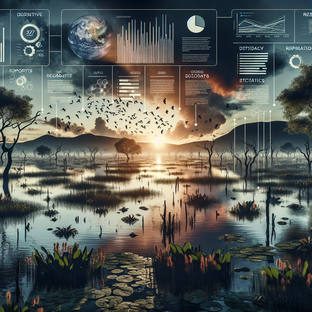 An educational and authoritative visual representation of a stunning wetland scene at dusk, filled with a variety of water bodies teeming with unique flora and fauna. The definitive ecology is lit with the dying embers of the sun. Intermittently dispersed across the wetland, infographics are shown indicating the sudden rise of ALS cases, prompting an air of concern and intrigue. Statistics, graphs, and reports associated with these hotspots make the grim indication even sharper. Overall, the image beautifully combines nature with data, leading to an insightful view into the shocking ALS hotspots amid the serene landscape of wetlands.