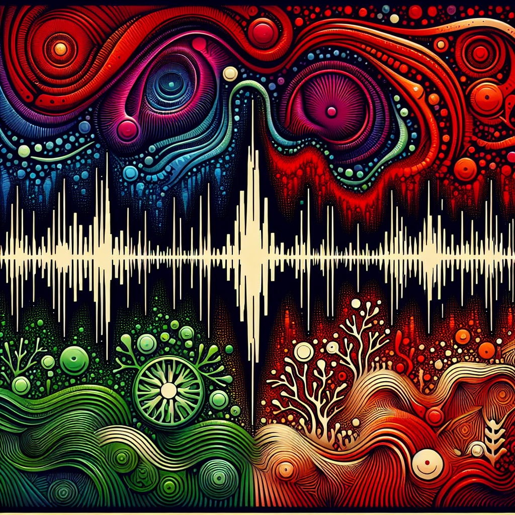 Create a detailed, highly realistic image that can be used for an article headlined 'ALS Speech: Stunning Hidden Danger and Algae Alert'. The image should incorporate an abstract representation of a speech waveform, perhaps at the center, representing 'ALS Speech'. Surrounding this, imagine vivid colors symbolizing 'Stunning Hidden Danger' - perhaps deep reds and oranges. Additionally, there should be motifs of algae somewhere in the image to symbolize the 'Algae Alert', perhaps as a border or background - these could be shades of green. The image should strike a balance between being cautionary and informative.