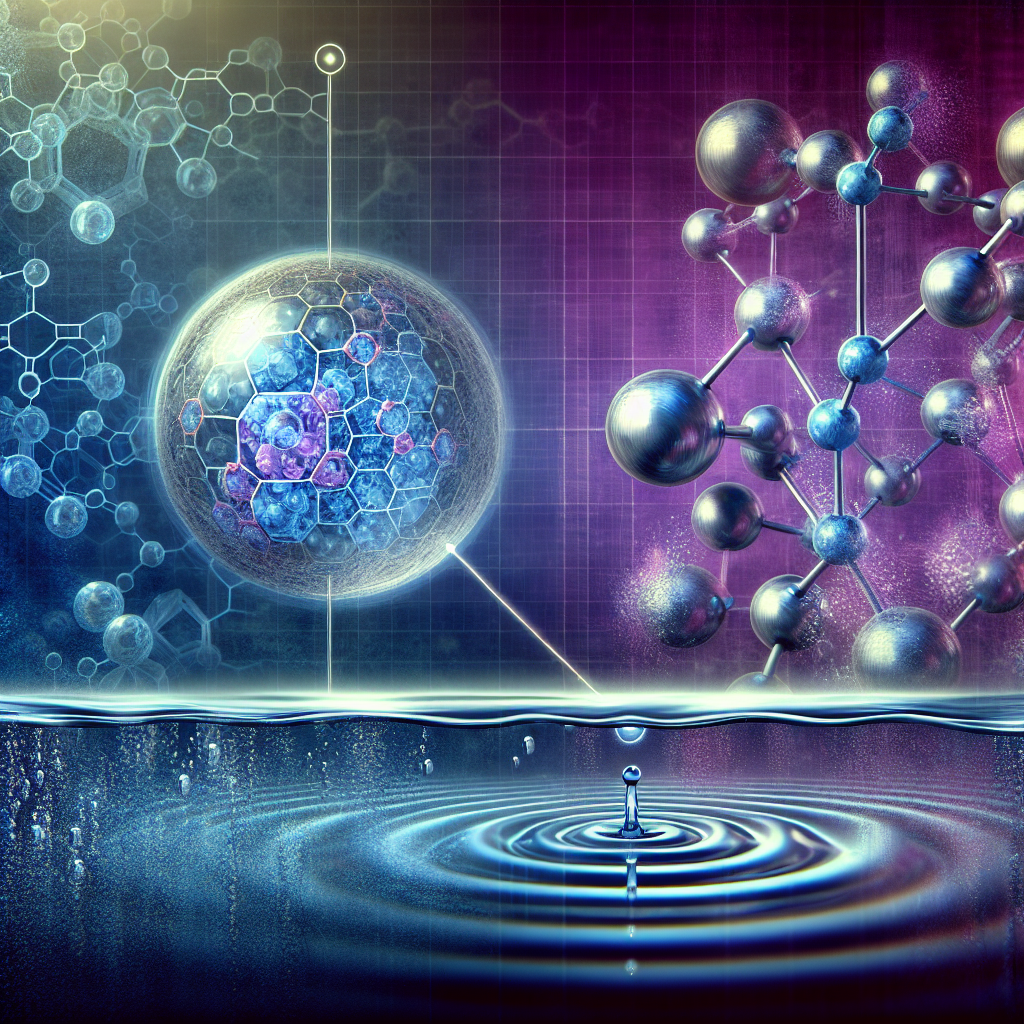 An image portraying the scientific link between lead metals and water, associated with ALS. A magnified view of both lead metal molecules and ALS clusters, intricately connected by invisible bonds. Both entities float on a backdrop of vibrant purples and blues, communicating a sense of mystery involved in their intricate relationship. The right side has a visual representation of ALS clusters, whilst the left side features lead metal molecules. Transparent water ripple effect spans across the entire image. In the background, a faded image of a water drop is discernible, symbolizing the encompassing presence of water in this context.
