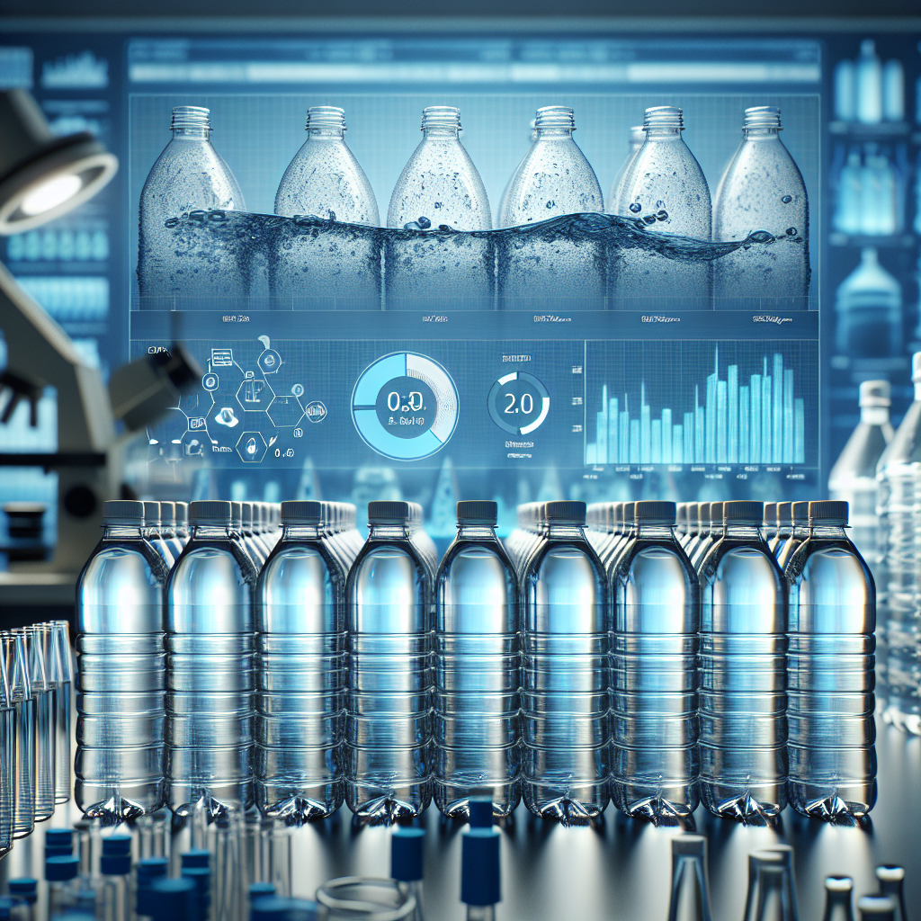 A detailed and high-resolution image capturing the theme of bottled water safety. In the foreground, rows of clear plastic water bottles are visible, their purity and sterility emphasized. The bottles are sealed tightly, demonstrating their safety and quality. In the background, a laboratory setting gives a hint of the testing and measures taken to ensure the water's safety. Laboratory equipment, sterilized glassware, and data charts related to water quality provide the necessary context. Highlight the theme of real water, possibly by showing a neat comparison depiction of a natural water source and the bottled water.