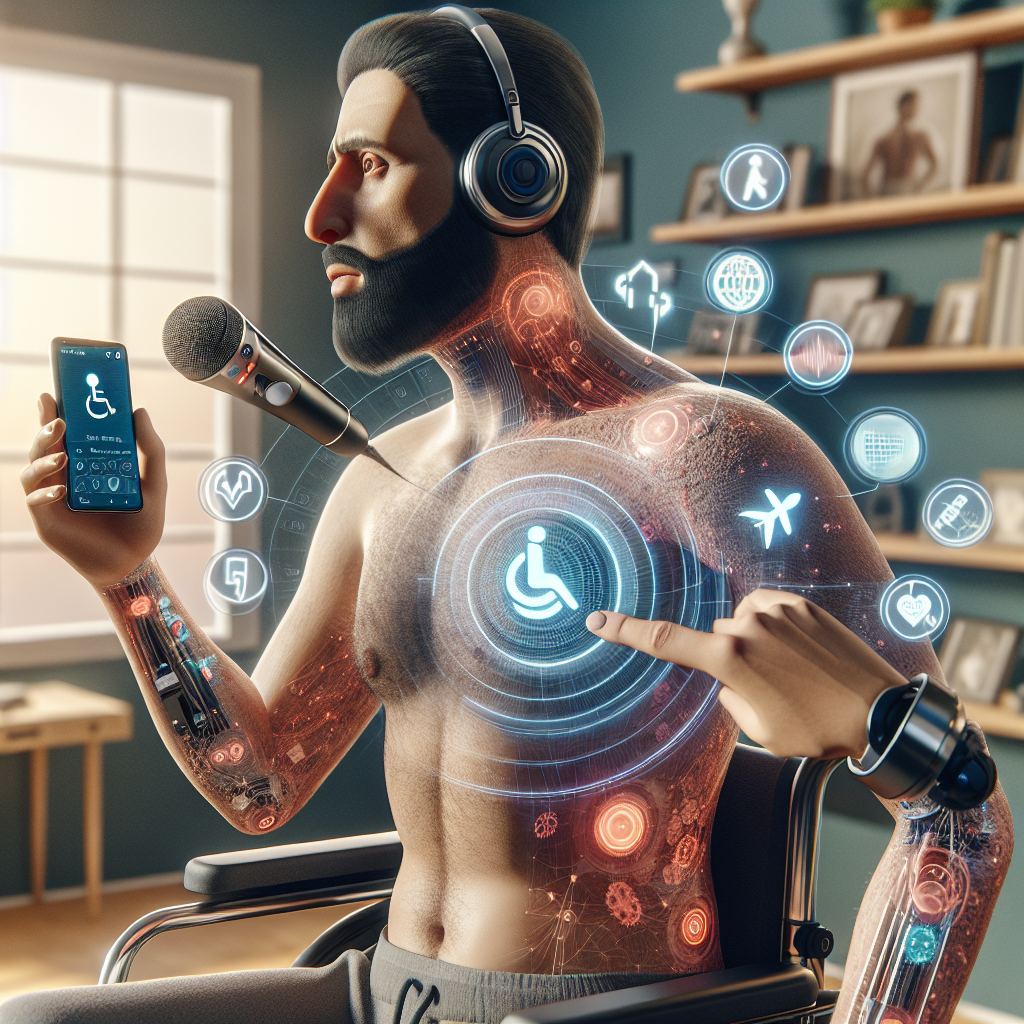 Create a detailed and photorealistic image that depicts the concept of ALS Technology Aids enhancing Independence. Show different accessible technology aids such as voice-recognition software, mobility devices, and personal digital assistants. These aids should foster a sense of freedom and aid in everyday tasks for individuals. Contextualize the scene within the comfort of a home, showing the evident interaction of these aids with a Middle-Eastern man with muscular atrophy, who is using these technologies.