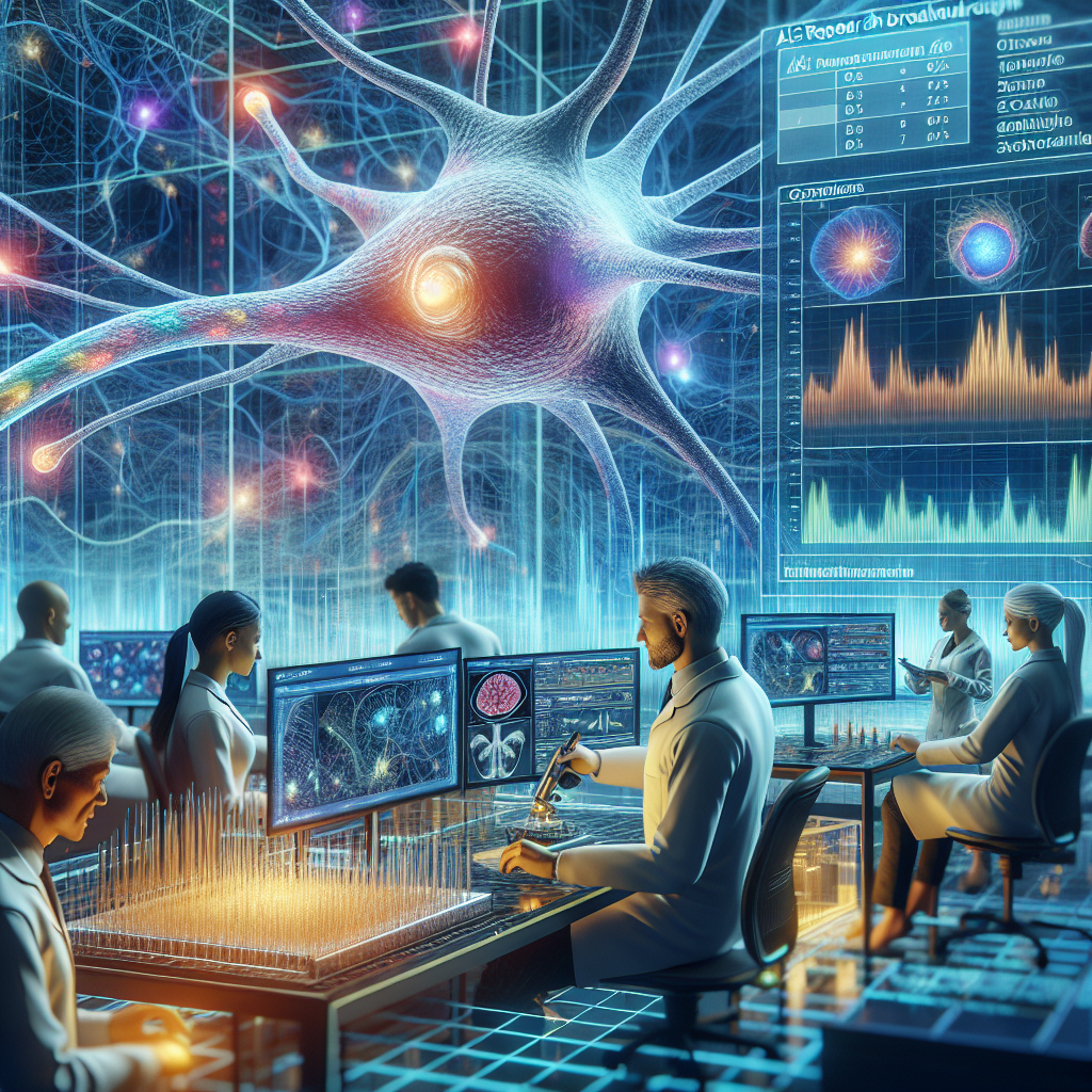 A perfect conceptual representation of ALS research breakthroughs. An elaborate setting with scientists, a mix of men and women of various descents such as Caucasian, Hispanic, South Asian working in a state-of-the-art lab. They are focused on a 3D model of a neuron, glows with colors indicating reduced heavy metal presence. Foreground should show a holographic display of 'ALS Research Breakthroughs', and background should have monitors showing graphs and numerical data on heavy metal reduction. Use soft but vibrant lighting to create a scene that invokes a sense of wonder, progress, and hope.