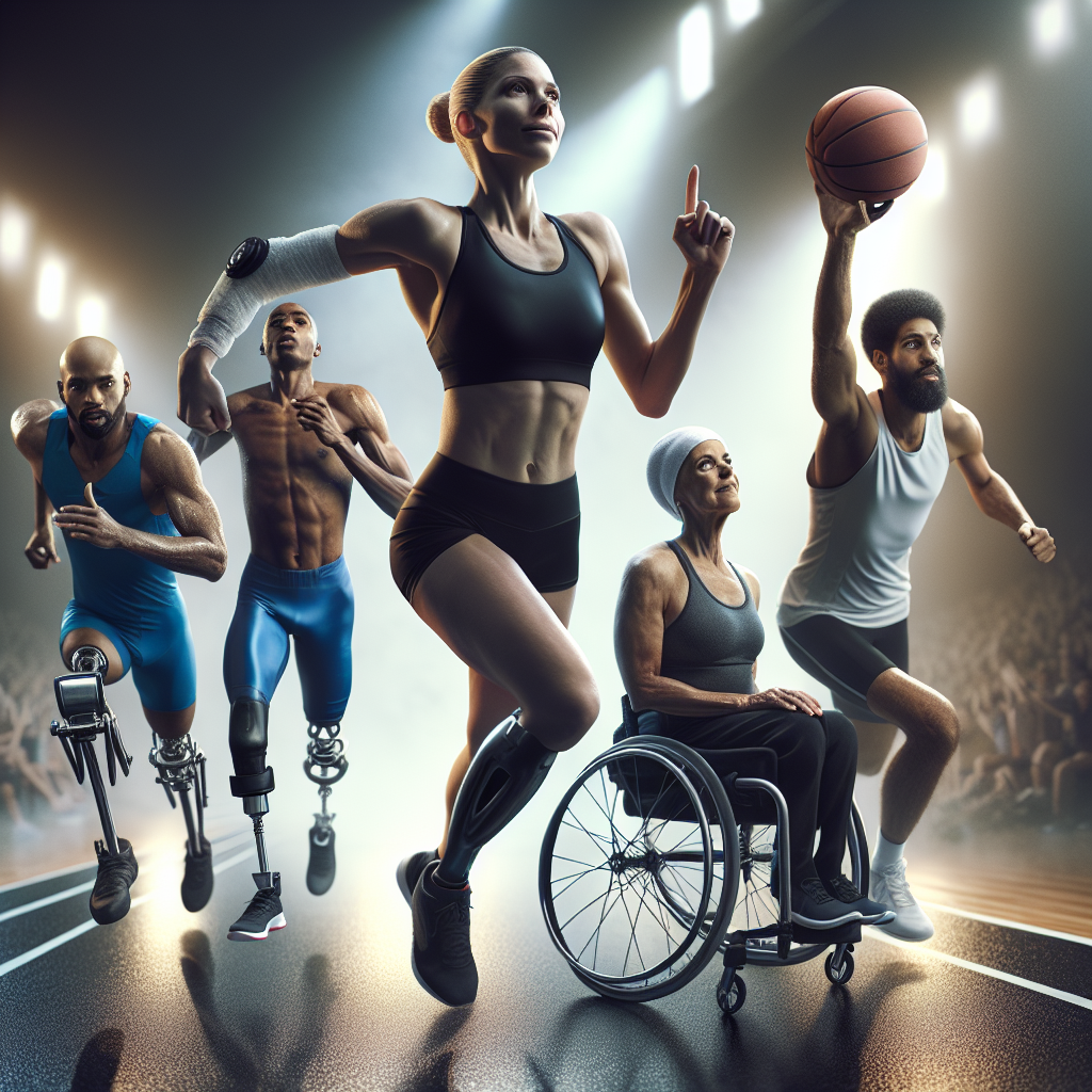Generate a high-quality, photorealistic image that visually illuminates the extraordinary journey of athletes with ALS. The image should depict a diverse group of athletes (a Caucasian female runner, a Black male wheelchair basketball player, a Hispanic male swimmer, and a Middle-Eastern female cyclist, for example) each engaged in their respective sports. Incorporate elements into the image that symbolize resilience, overcoming challenges, personal triumph, and the undying spirit of athleticism. The focus should be on their strength, determination, and resilience in facing their unique challenges, not their sickness.