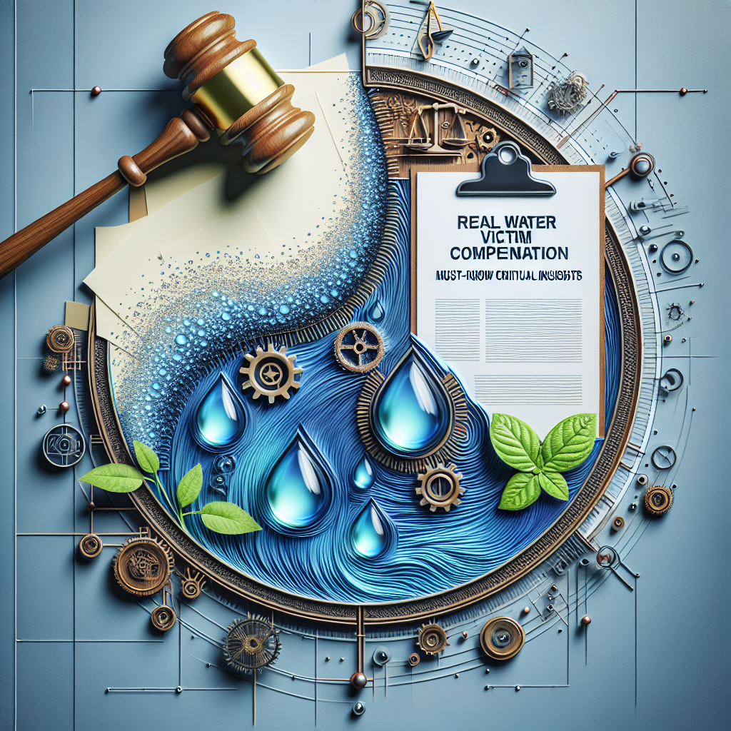 Generate a high-quality, photorealistic image presenting a thematic visual representation related to the topic of compensation for victims of water-related incidents. The image could include symbolic components like a gavel, signifying legal proceedings; water droplets or a wave, signifying the water aspect; and perhaps a document or some form of written agreement, signifying the compensation element. Overlay the text 'Real Water Victim Compensation: Must-Know Crucial Insights' on this visual arrangement.