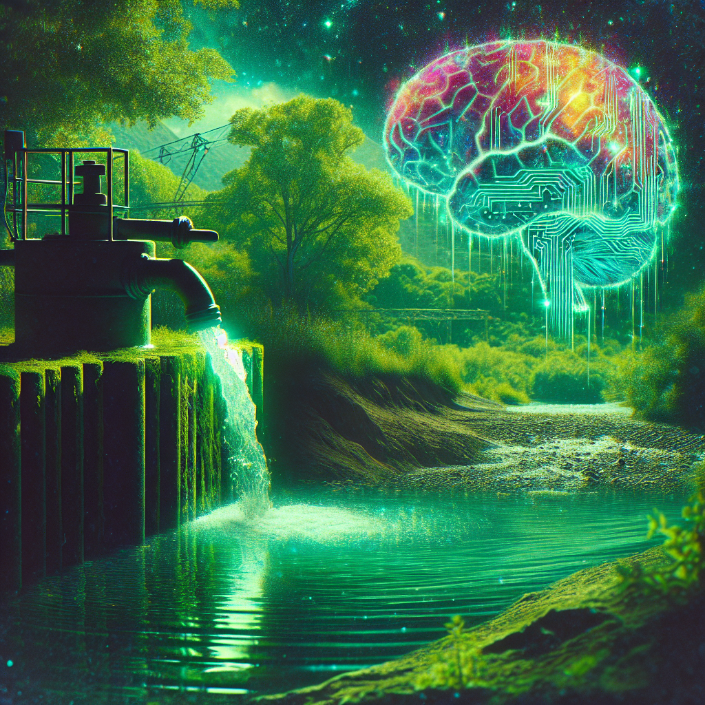 Create a vivid, striking image illustrating the serious issue of contaminated water. The image should depict a water source, perhaps a river or well, tainted with hazardous substances, symbolized by glowing green highlights. Contrast this with a pristine patch of nature nearby conveying the pollution's destructive potential. Develop an overlay to hint at its connection with neurodegenerative diseases such as ALS. This could be rendered as a faded overlay of a brain with glitching or static effects, implying the neurological damage that can be caused by such contamination. We should feel a sense of urgency and concern when looking at the picture, as this is a critical global health issue.