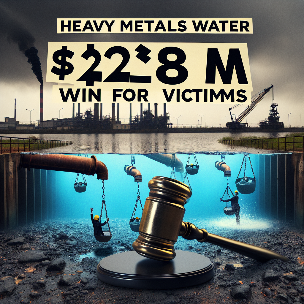 Generate an image showing water pollution issue due to the presence of heavy metals. A headline in bold and impactful letter 'Heavy Metals Water: Stunning $228M Win for Victims' overlaid on the image. Add a backdrop of a polluted water body with industrial outlet pipes pouring in gloomy, dark colored water. Superimpose images of rhetorical victory symbols such as a gavel, justice scales or a clenched fist to signify the win for victims.