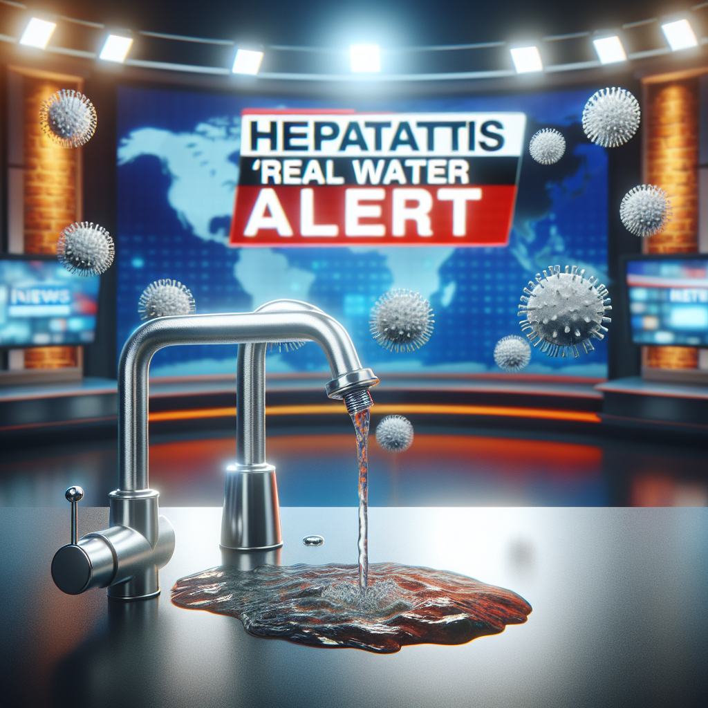 Create a photorealistic image displaying a breaking news scenario about a Hepatitis Outbreak. The focus should be a 'Real Water Alert'. This could be symbolized by a tap water faucet flowing in the foreground, with ominous-looking water coming out. The background should be a blurred out news studio, anchoring the news alert with eye-catching graphics such as scrolling banners and alert signs.