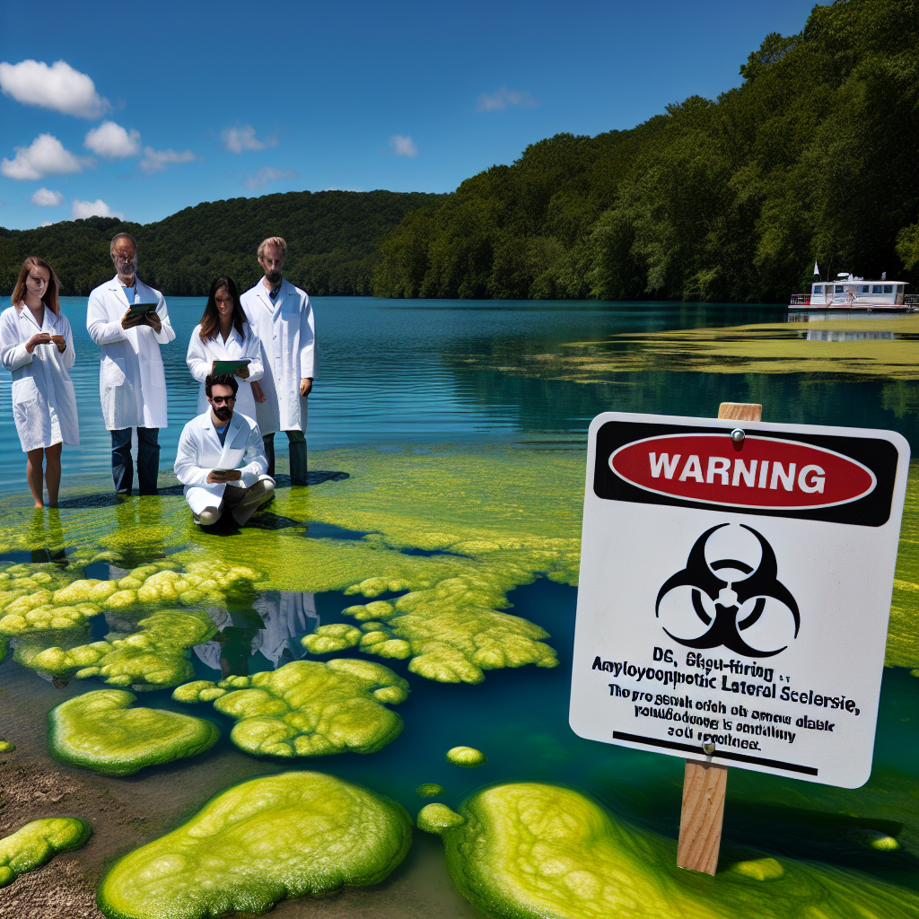 Portrait of a dangerous but less-known environmental issue: a sudden bloom of blue-green algae in a freshwater lake under a clear, sunny sky. Some of these algae, known scientifically as cyanobacteria, flourish, creating a thick, scummy surface layer on the water. Among the dazzling nature, a warning sign stands out vividly, alerting visitors about the potential harm of ALS (Amyotrophic lateral sclerosis). Nearby, a group of scientists, looking both male and female, and of varied descents such as Caucasian, Hispanic, and Black, meticulously research and document the bloom as part of their effort to protect public health.