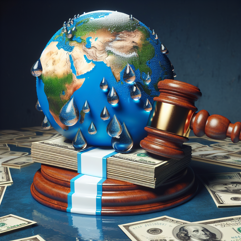 Create a photorealistic image signifying the alarming hazards relating to water resources that are inflicting billion-dollar damages. The image should include a judicial gavel sitting atop a large stack of cash implying 'Water Judgments', covered in droplets of water. Include in the background a globe reflecting different geographic zones affected by water crises. The overall depiction should demonstrate the seriousness and urgency of the topic.