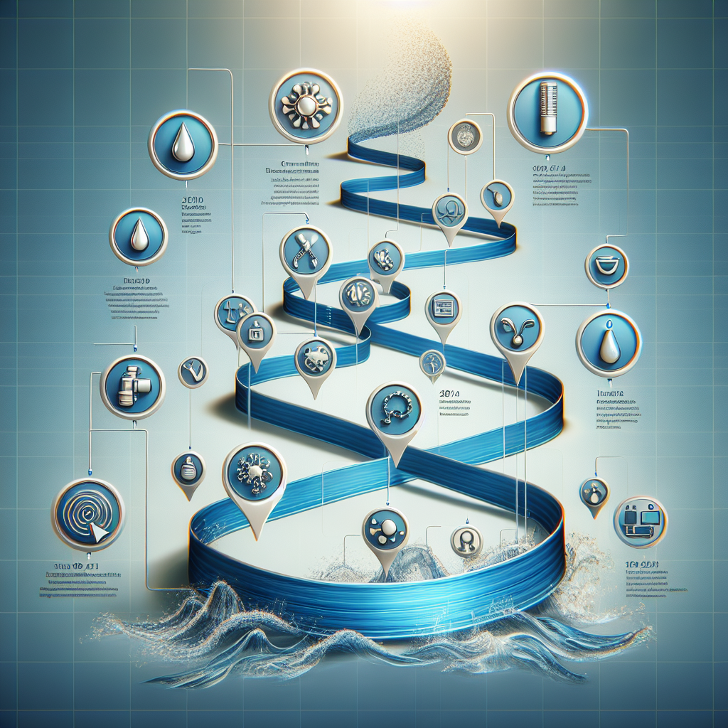 Create a high-quality, photorealistic image that visually represents a timeline for understanding water safety. The image should contain important milestones such as the discovery of water purification methods, the implementation of water safety regulations, and advancements in water testing techniques. Include appropriate icons or symbolic imagery to represent each milestone. The timeline should have a clear start and end point, with a flowing design to symbolize the movement of water. The overall appearance should communicate the importance of water safety.