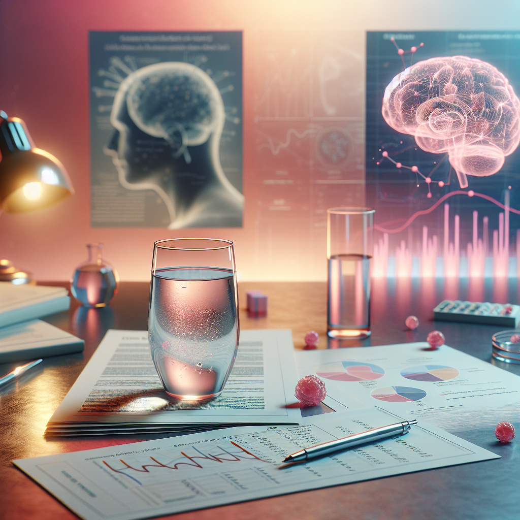 A photorealistic image that brings to life a scientific exploration of the possible links between ALS risk and drinking raw treated water. The image features a glass of crystal clear water, standing next to a report or a document with scientific data and analysis about ALS. Rosy evening light filters in through a nearby window, creating a serene but thought-provoking atmosphere. In the background, a soft depiction of a brain and neurons subtly symbolizes the focus of the research, ALS. Elements in the scene are tidy and clean, giving it an organized, research-focused ambiance.