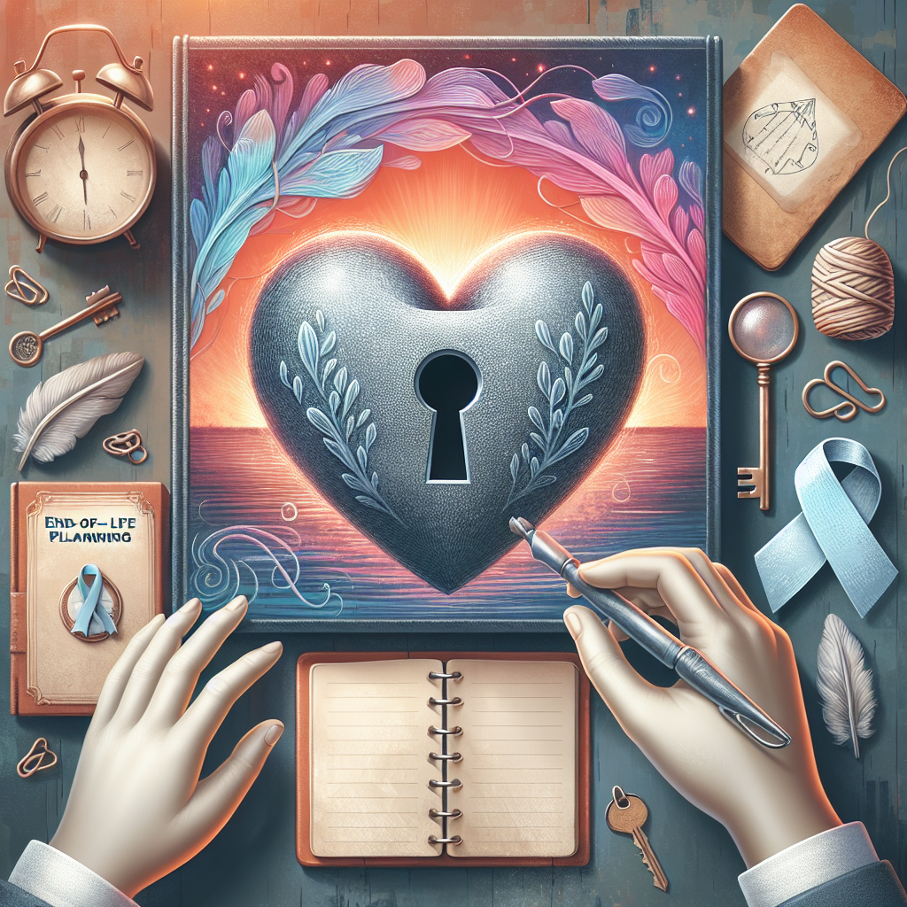 An empathetic and informative visualization expressing the theme of 'ALS End-of-Life Planning: Unlock Victim Compensation'. This image should contain a metaphorical key unlocking a heart-shaped lock to symbolize 'compensation'. Superimposed over a background representing end-of-life planning, with elements such as a peaceful sunset, a weathered diary, and a feathered quill. Include an ALS awareness ribbon in the design. The colors should be soft and soothing, and the overall tone of the image should convey a sense of hope, compassion, and support.