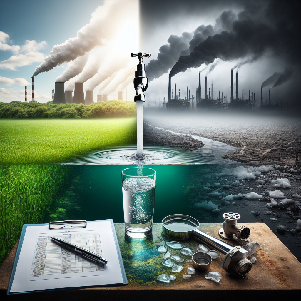 A striking image representing the seriousness of water contamination scandal. The main focus is a faucet spouting murky, dirty water into a clear drinking glass. The background subtly transitions from a healthy green landscape to a bleak, industrial scene with smokestacks belching smoke. The transition highlights the drastic impact of industrial pollution on water quality. A clipboard lies to the side, filled with alarming data and statistics about the severity of the contamination.