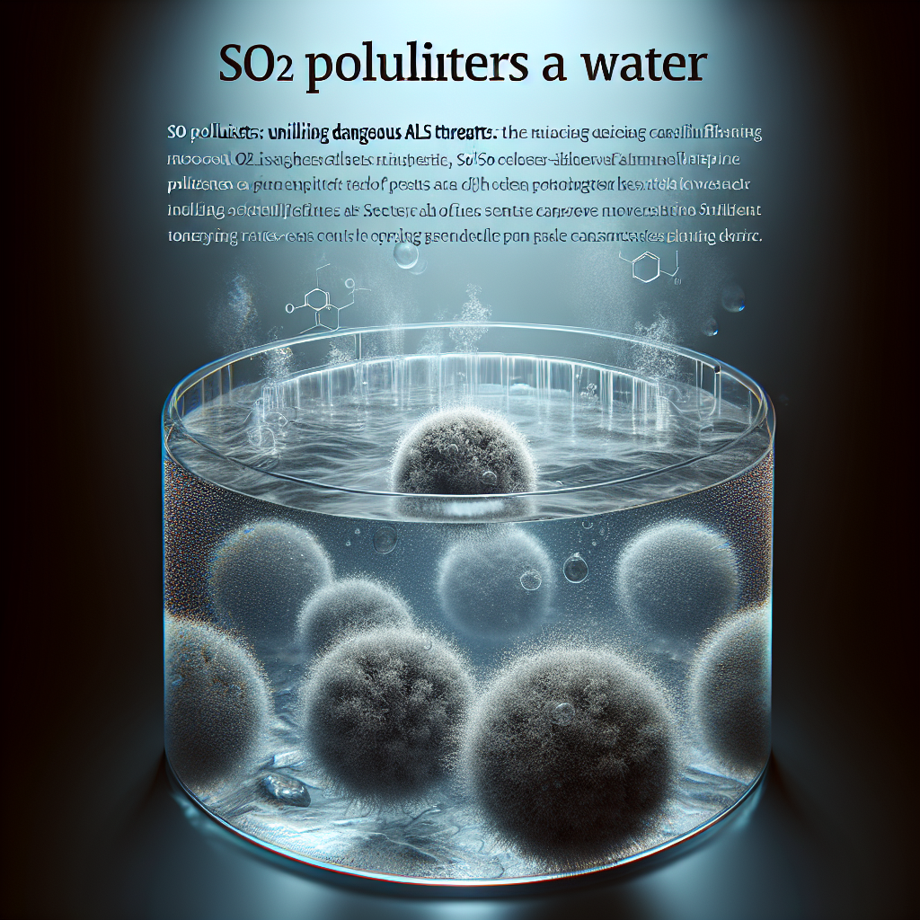 An image displaying a microscopic view of SO2 pollutants infiltrating clear water. The pollutants should be represented as ominous dark particles permeating the purity of the water. This scene metaphorically speaks to the threats that ALS diseases can pose. To elucidate the context of the article, overlay the image with semi-transparent text that says 'SO2 Pollutants Water: Unveiling Dangerous ALS Threats'. The overall palette should be dark to emphasize the danger associated with these pollutants.