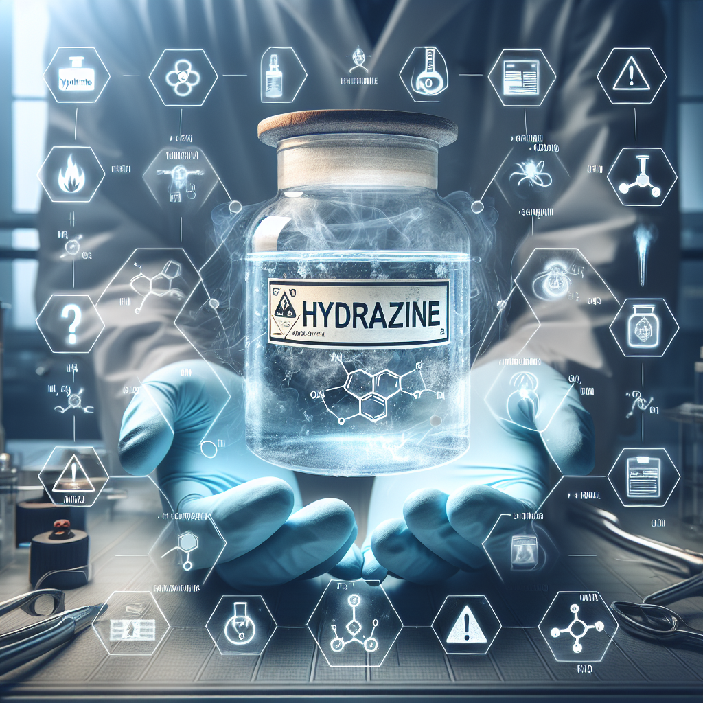 Visualize a cover art for an article titled 'Hydrazine Dangers: Uncover Toxicity Risks Effortlessly'. In the image, there's a pair of hands wearing safety gloves handling a clear glass container labeled 'Hydrazine'. The background is a laboratory with scientific equipment. Visible fumes coming out from the container indicate the volatile nature of the compound and add dramatic effect. An overlay of warning signs and symbols related to the toxicity and danger of the chemical are present. Ensure the image conveys a sense of caution and emphasizes the importance of proper handling.