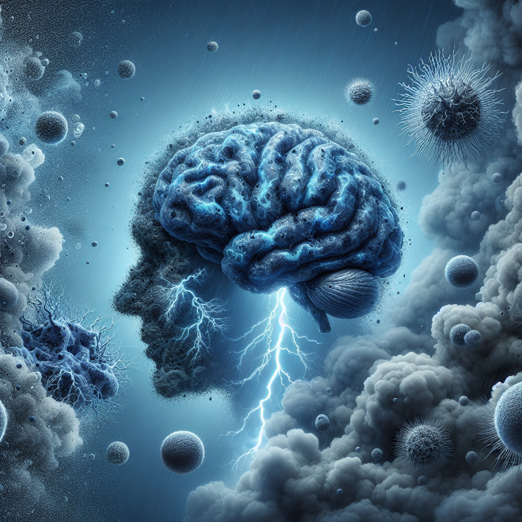 Create an attention-grabbing, photorealistic illustration for an article discussing the harmful impact of cyanotoxins on health. The image should depict a stormy human brain suggestive of damage and turmoil, surrounded by menacing, dark blue cyanobacteria forming a toxic cloud. The cyanobacteria should have a sinister appearance, making it obvious that they are a threat. Keep the color scheme mainly to stormy greys and blues. Include visible and symbolic elements like thunder and lightning within the brain, representing increased neurodegeneration risk. The tone of imagery should echo the seriousness and urgency of the subject.