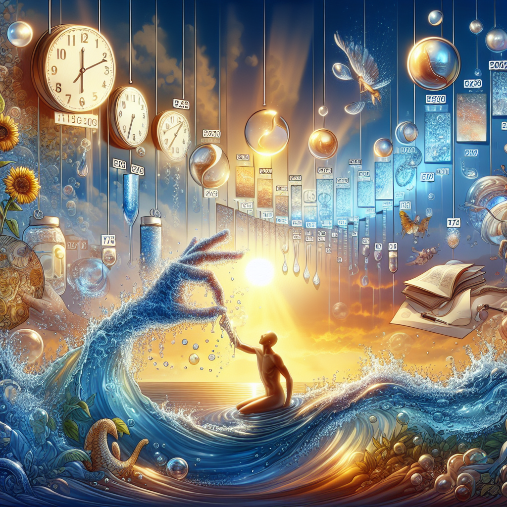 A beautiful, attention-grabbing image for an article detailing the timeline of notable events in support of ALS research. The image should be divided into distinct sections, each representing a different event. Include visuals indicating the passage of time, such as a ticking clock or a calendar flipping. Emphasize the theme of 'Real Water', indicating the importance and the fundamental role of water in all forms of life, hinting at its significance for research and medical endeavors. Be sure to make the image both touching and inspiring, with bright, hopeful colors to underline the hopeful nature of the article.