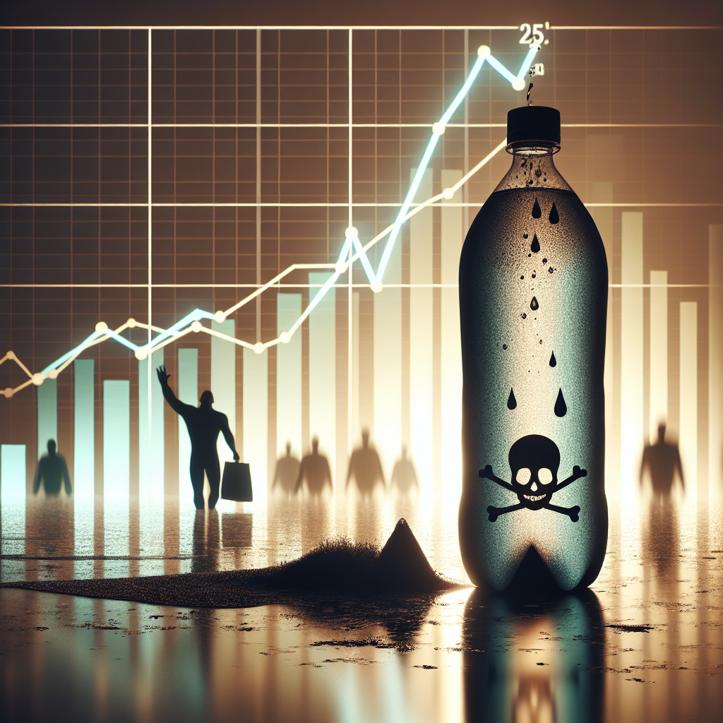 An engaging and high-quality photorealistic image expressing the concept of a water scandal having a significant impact on the rise of ALS trends. The scene can be envisaged as a contaminated water bottle signifying the 'scandal', with clear signs of pollution such as toxic symbols or dark, filthy water. In the background, line charts reflecting the upward trend of ALS cases serve as a foreboding backdrop. To represent ALS, an artistically rendered silhouette of a person in distress might be incorporated to convey the human toll of this scenario. Please refrain from using real faces or recognizable landmarks.