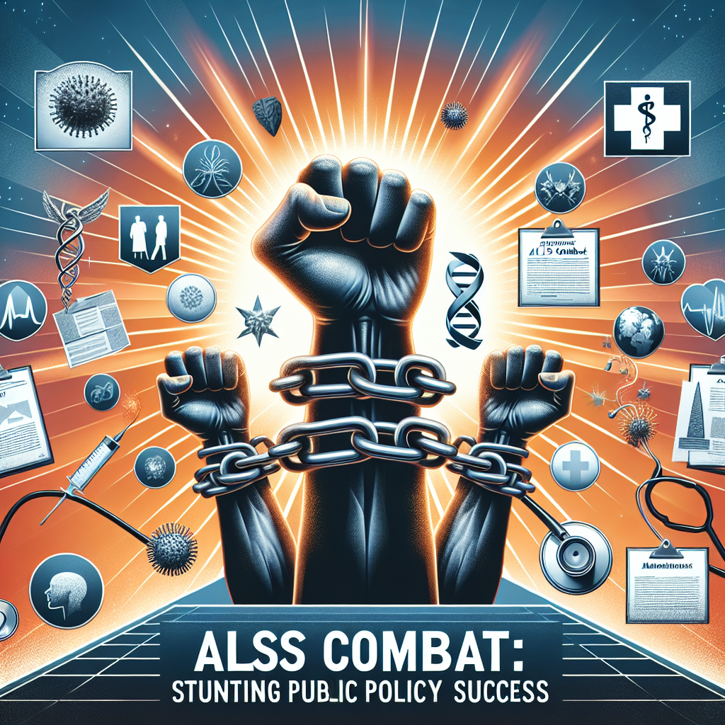 Create an image representing the triumph over the public policy challenges surrounding ALS. Include symbols of strength and resilience, such as clenched fists breaking chains, alongside key policy themes and documents. Visual elements can be set against a backdrop of a bright sunrise, signalling a new dawn or beginning in this field. Add medical elements - stethoscope, medical cross - to symbolize medical advancements. Anchor the composition with a title banner across the bottom that reads 'ALS Combat: Stunning Public Policy Success'.