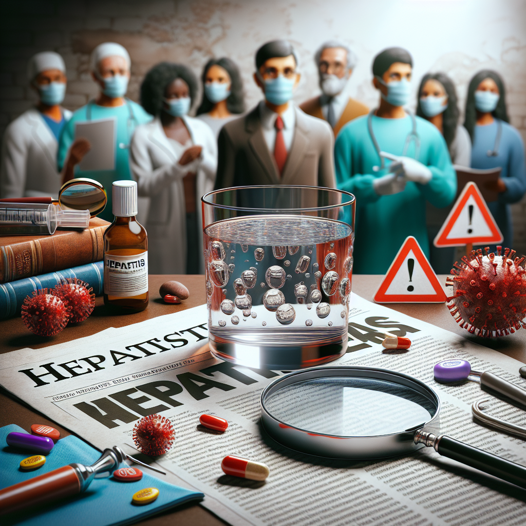 A detailed and informative image illustrating an outbreak of hepatitis. The central focus should be a glass of transparent water with realistic refractions, hinting at the unseen danger. It is placed on a table covered with a newspaper headlining 'Hepatitis Outbreak'. Visible in the background, diverse people of various descents, such as Caucasian, Hispanic, and Black, all wearing medical masks. Supplement this scene with related icons like a magnifying glass focusing on the water and red warning signs. The atmosphere should be captivating yet solemn in order to reflect the gravity of the situation.