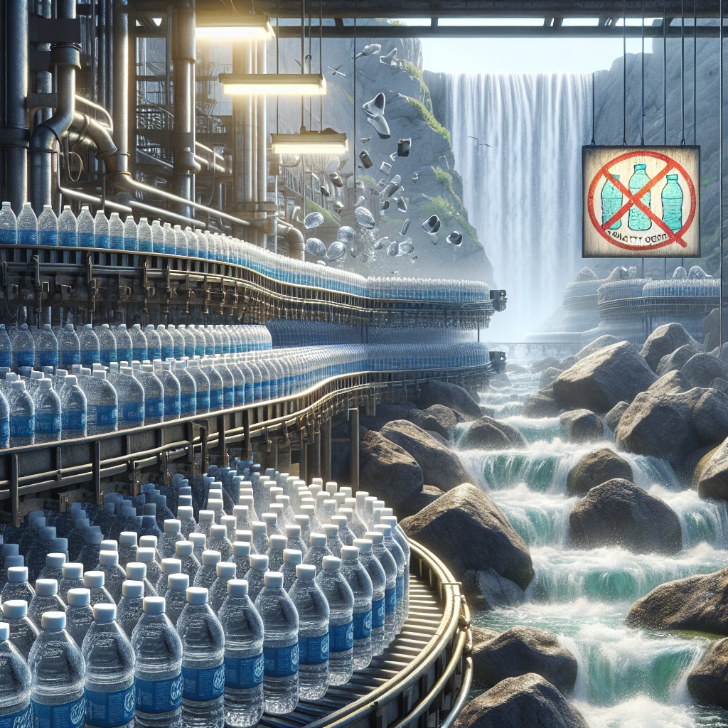 A detailed and photorealistic image meant to represent unregulated bottled water. There are stacks of water bottles with clarity and purity varying greatly, with some bottles filled with crystal clear water while others are murky. In the backdrop, there are factory conveyor belts churning out these bottles, with a glaring signboard illustrating text of 'Quality Control' crossed out, symbolizing lack of regulation. A waterfall cascading over rocks in the distant background represents the idea of 'real water'. The atmosphere is gloomy and ominous to depict the shocking gaps in regulations.
