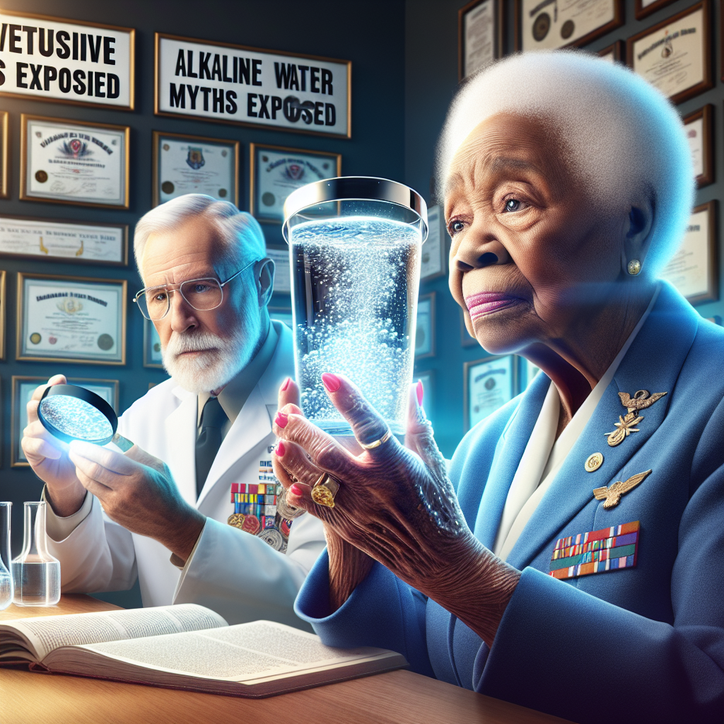 Create a vivid representation of an article header depicting the theme - 'ALS Veterans: Exclusive Alkaline Water Myths Exposed'. The image should portray an elderly African American female veteran in the center. She is cautiously examining a glass of clear, bubbling, alkaline water held in her hand under the light of a magnifying glass. The glass is vividly detailed to reflect the light, picturing the water's purity. The scene is set in a well-lit room with a wall full of framed military accolades in the background. The older caucasian male, a scientist, is on her side with an open chemistry book. Use a bold, all-caps font for the article's title highlighted at the top of the image.
