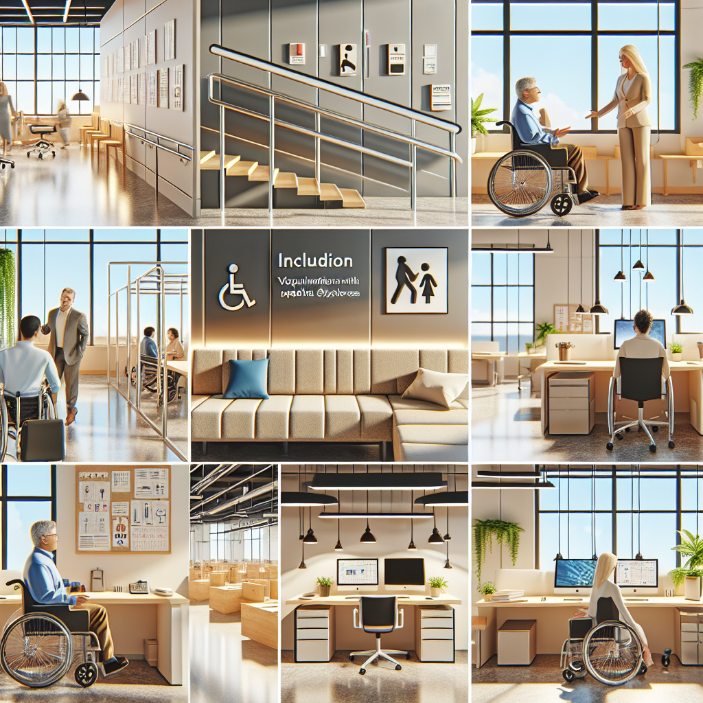 Create a highly detailed image that captures the essence of a workplace full of accommodations for people with ALS (Amyotrophic lateral sclerosis). Visualize different aspects such as: an accessible office space with handrails and ramps, a relaxed meeting area with special seating and required equipments, modified computers with assistive technology like eye-tracking software, a desk with an adjustable height workstation, and inclusion signage. The scene should look inclusive, modern, and full of light. Appropriate representations of Hispanic male and Middle-Eastern female employees should be included, both experiencing life with ALS and thriving in the workplace.