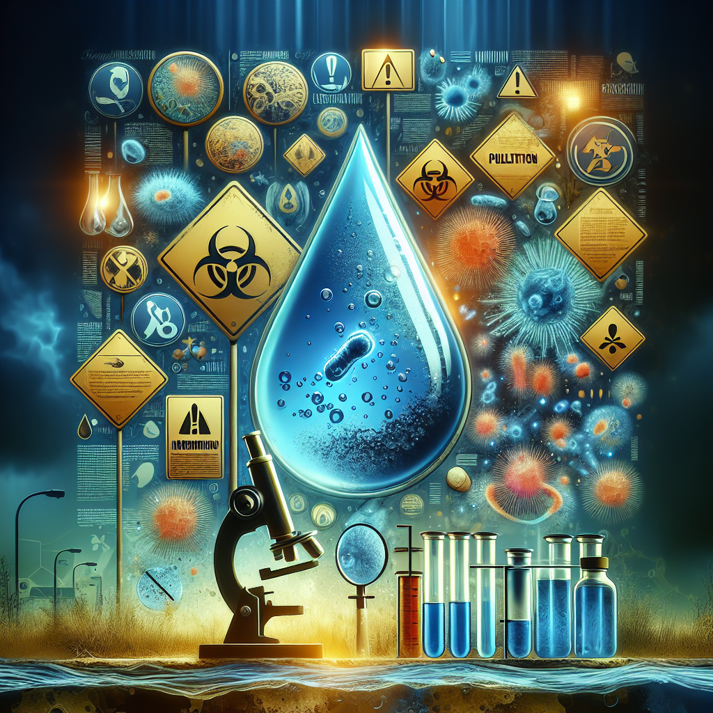 A vivid representation of a public health alert related to water contamination. An eye-catching image showing a drop of polluted water magnified under a microscope, revealing harmful microorganisms. Included in the composition are informational signage and symbols normally associated with public health advisories. Emphasize on the disquiet about water safety by incorporating darker hues and atmospheric effects. The alarming issue serves as a call to action towards clean and healthy water resources. Consider making the scene sufficiently dramatic to underline the seriousness of the situation.