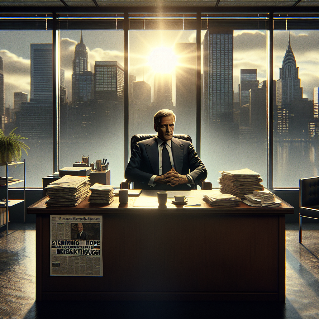 A dramatic representation in high resolution of a corporate office with large glass windows, offering a panoramic view of the city skyline. In the office, a table is adorned with stacks of documents and a few-empty coffee mugs. Seated behind the table is an affirming business executive, presumably the CEO of a water company, who has an air of responsibility and optimism. He is Caucasian, middle-aged and wearing a crisp, dark suit. The incarcerated sun behind the tinted windows indicates the arrival of a new dawn. On the table, a newspaper headline reads: 'Stunning Hope Breakthrough'. The overall atmosphere conveys a message of accountability, hope and progress.