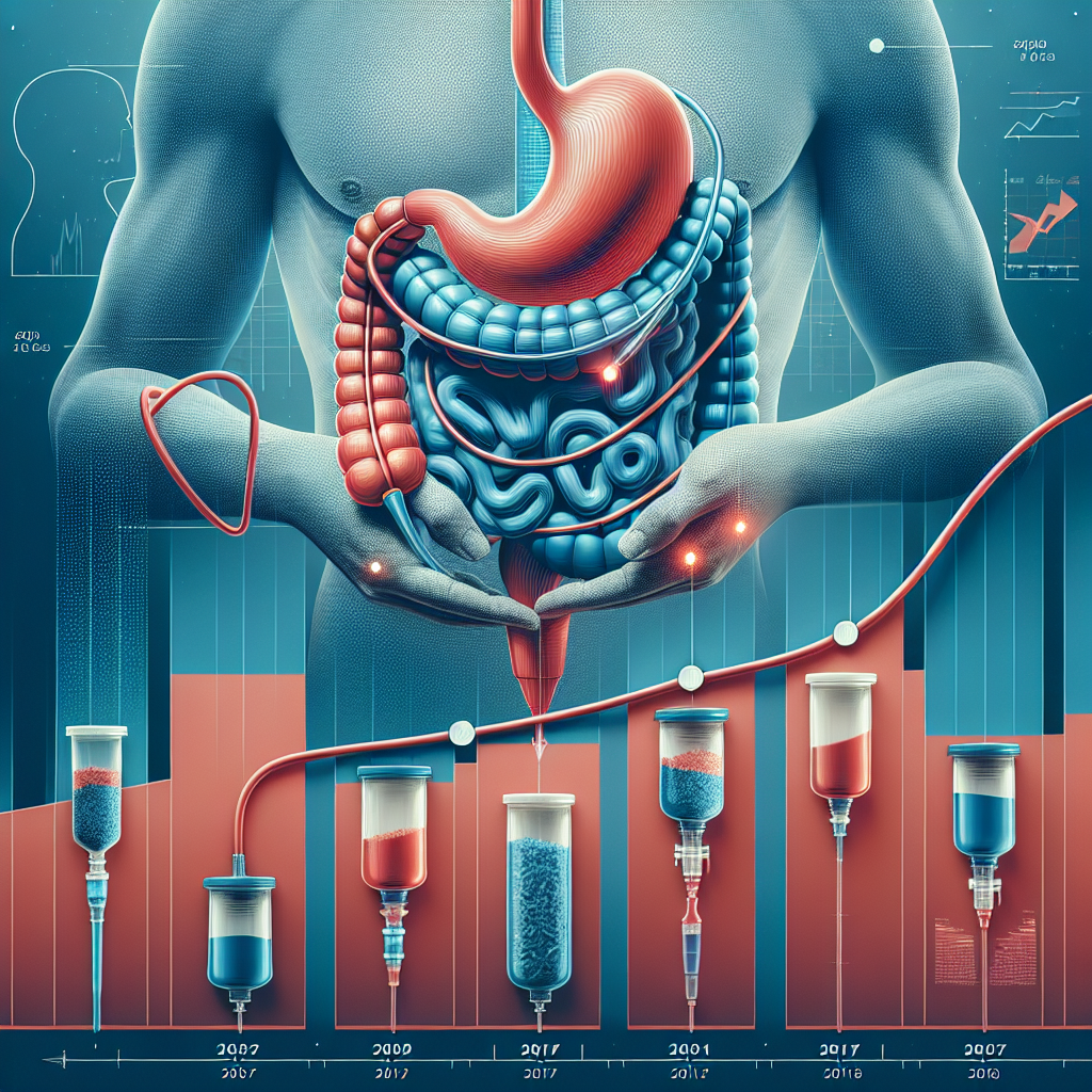 Create a powerful and eye-catching image that tells the story of the downfall of feeding tubes in ALS Nutrition. Include a timeline showing the gradual decline in their use over the decades. The timeline should be displayed in a visually appealing way with different shades of blue and red colours, along with representative icons of feeding tubes. Over the timeline course place some charts or graphs indicating the popularity or demand of feeding tubes in different years. The background can be a healthy human digestive system, representing a natural method of taking nutrition.