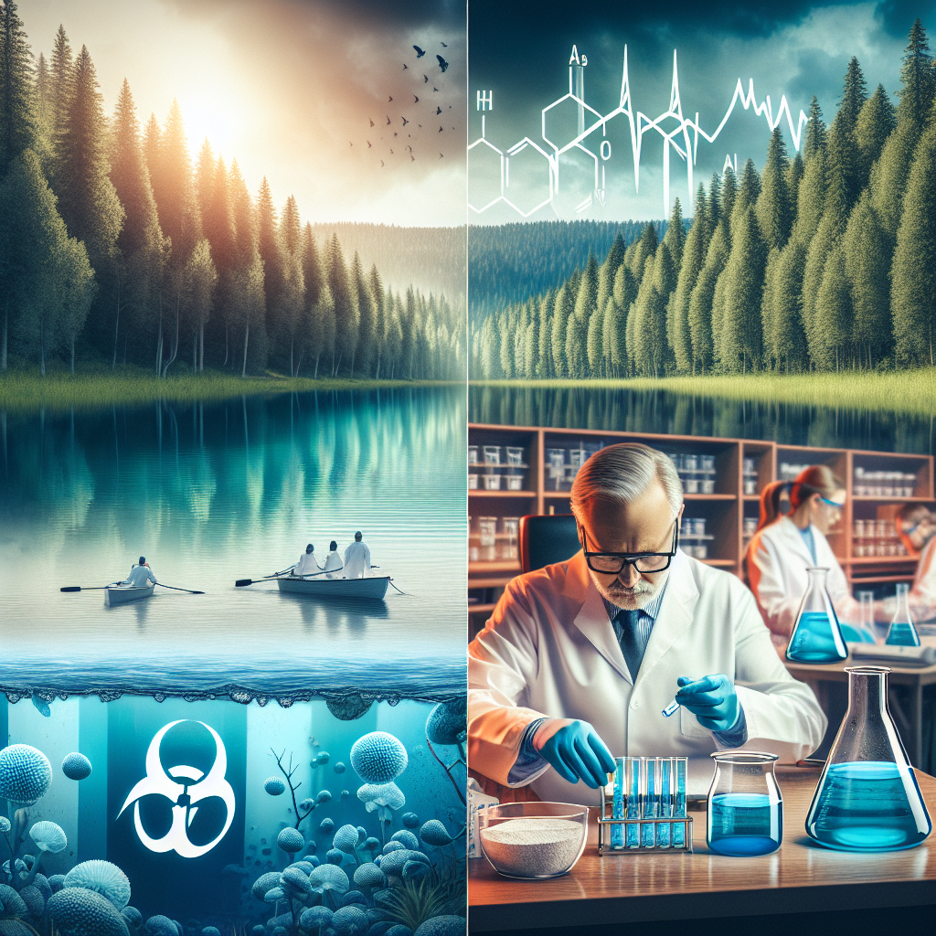 Create a detailed, photorealistic image showcasing the theme of the shocking truth about raw treated water and its potential risks towards ALS. The scene should be divided into two halves. The first half should depict a serene body of untreated, natural freshwater, perhaps a lake, with forest surroundings. The second half should show laboratory-like setting with scientists actively testing water samples, with a clear emphasis on 'raw treated water'. Also, subtly incorporate the symbol for ALS in the lab setting.