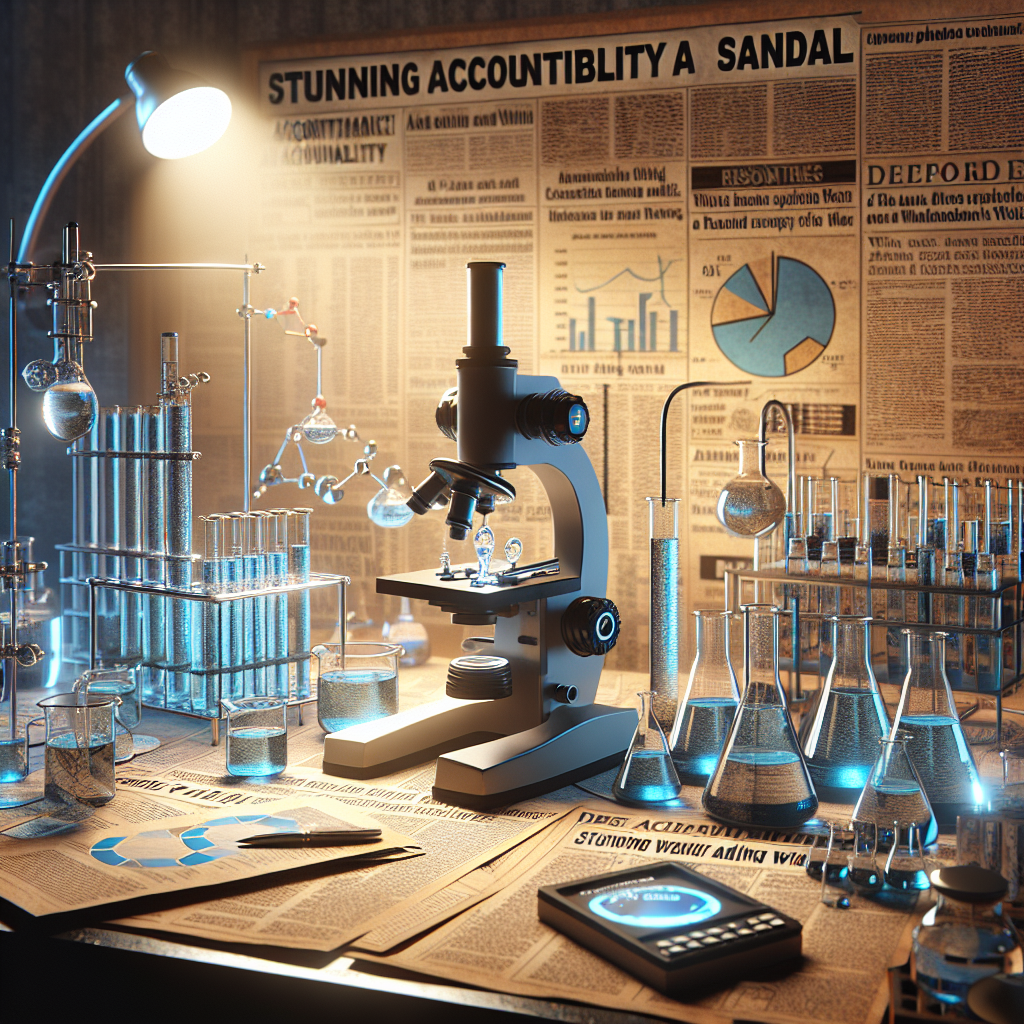 Generate a captivating image representing the concept of research into the role of water. The image should include a laboratory setup with intricate equipment: microscopes, beakers filled with water samples, charts and graphs indicating various water statistics such as pH level, salinity, and purity. Additionally, include a backdrop of newspaper clippings and headlines indicating 'accountability' and 'scandal' related to water research. The atmosphere should be of revelation and shock, thus capturing the essence of 'Stunning Accountability Amid Scandal'.