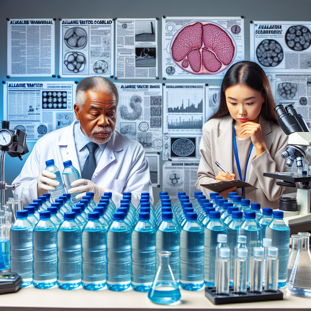 A detailed scientific investigative scene, unfolding the truth about 'Alkaline Water Scandals'. Display an array of alkaline water bottles arranged meticulously on a laboratory desk, with a background of sophisticated scientific equipment like microscopes, test tubes, and pH meter. A middle-aged, Black man scientist in a white lab coat is inspecting one of the bottles, while a young Asian woman scientist is busy examining data on a computer screen, revealing the presence of hidden toxins. Both are displaying concerned expressions on their faces. This unveils a comprehensive narrative about today’s health concerns and unspoken realities.
